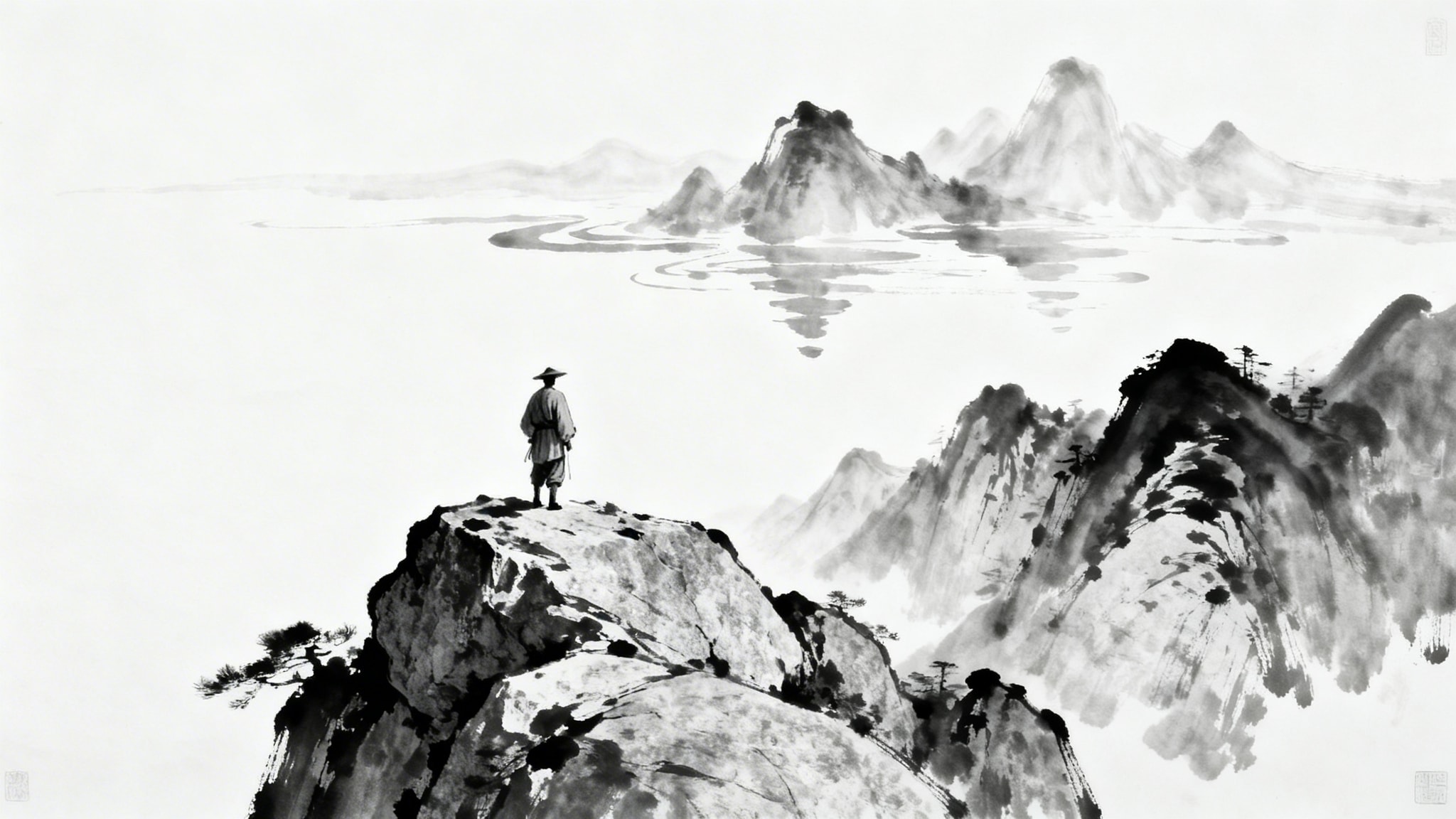 Black and white surrealist image of a traveler on a detailed granite mountain peak, with distant mountains dissolving into minimalist Chinese ink-wash painting brushstrokes.