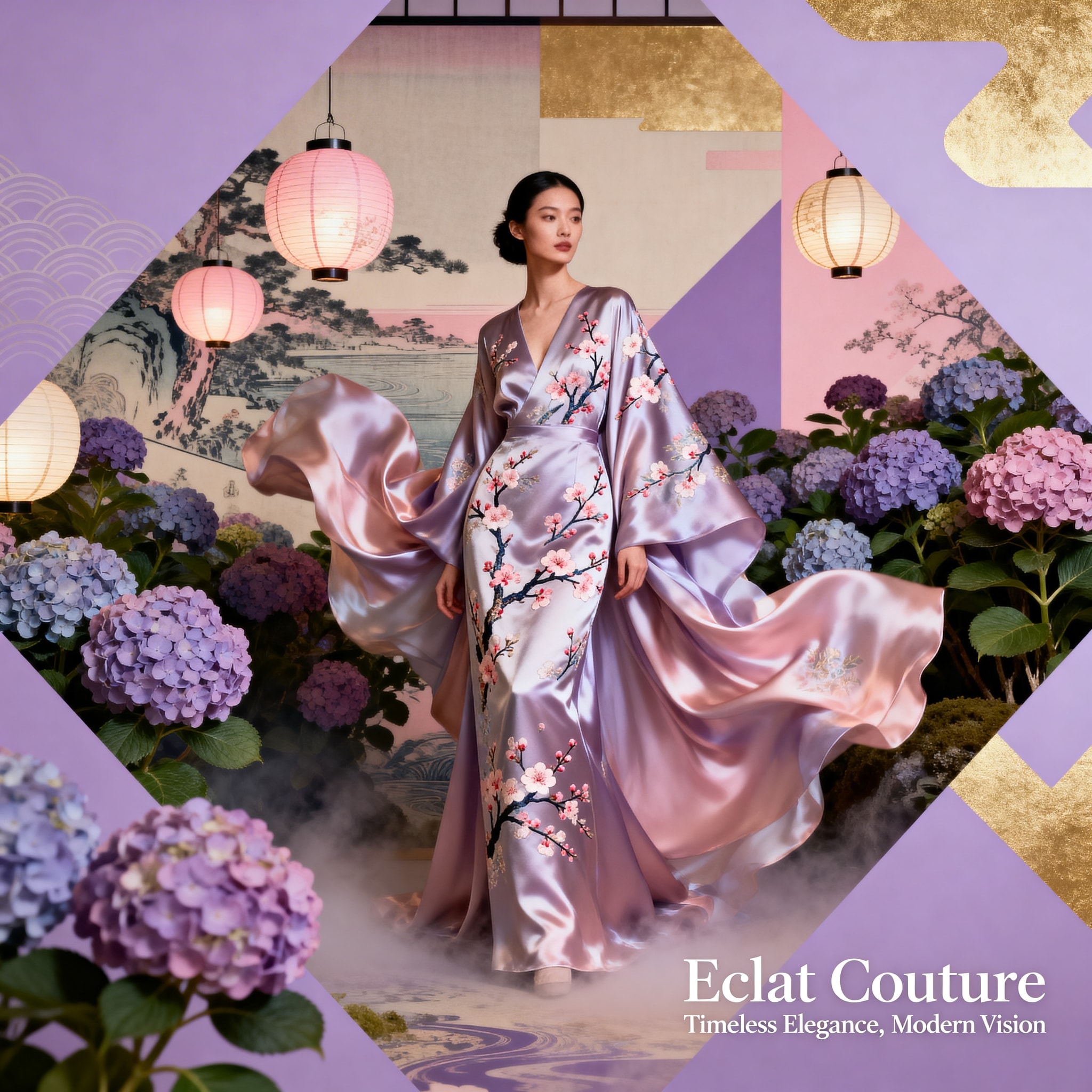 Surreal digital art advertisement for luxury fashion featuring ethereal figures and neon blossoms