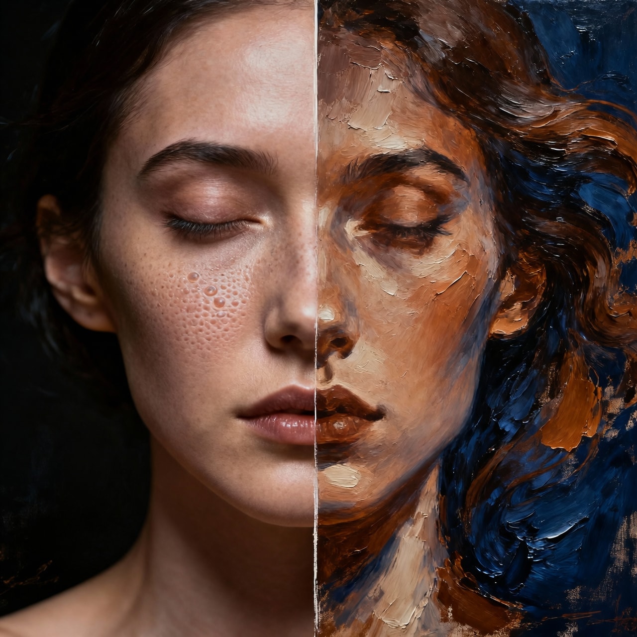 A surreal portrait with a photorealistic left side dissolving into expressive oil paint brushstrokes on the right