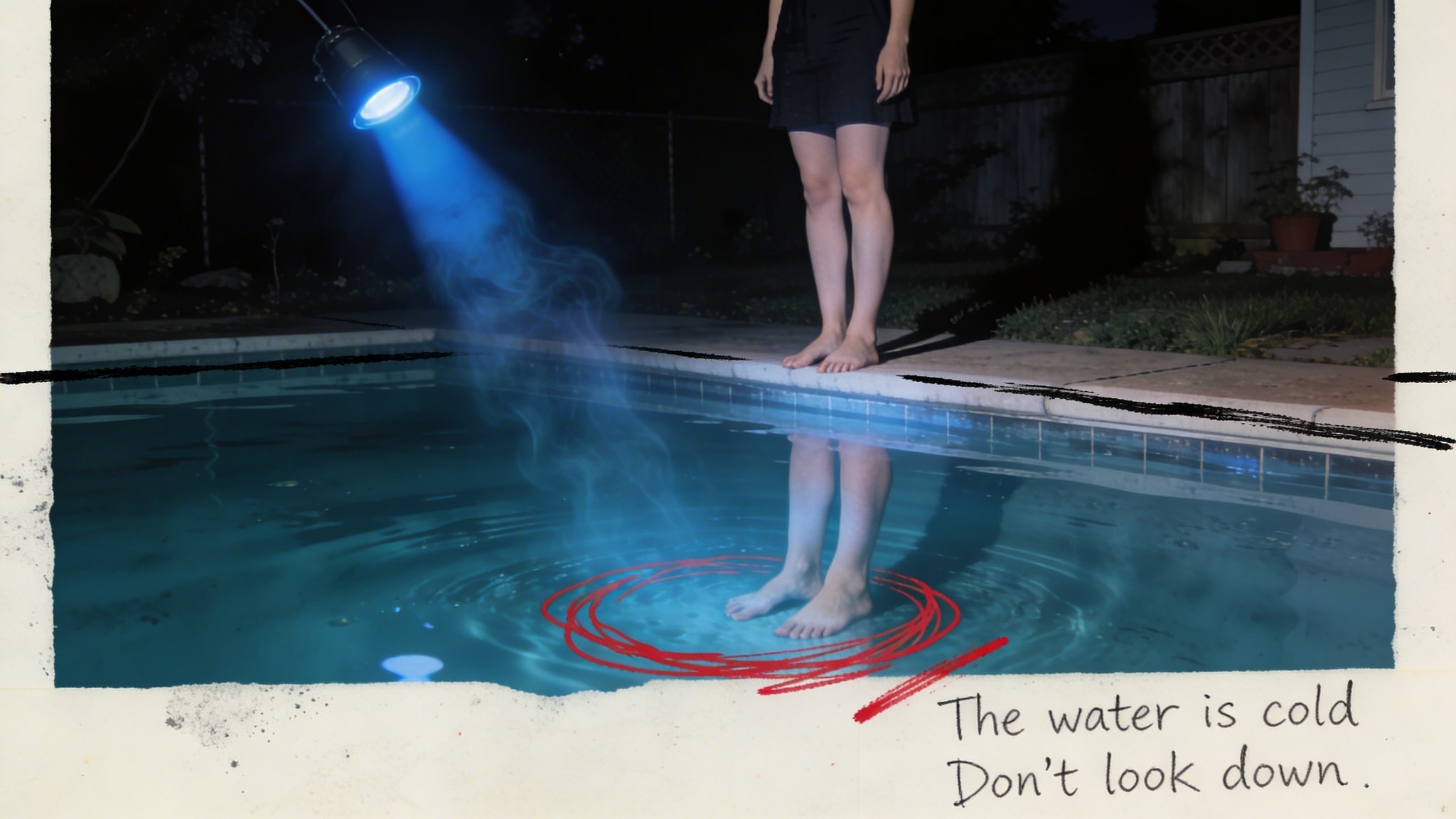 Surreal black and white photo of a woman by a dark 1960s backyard pool illuminated by a submerged blue flash