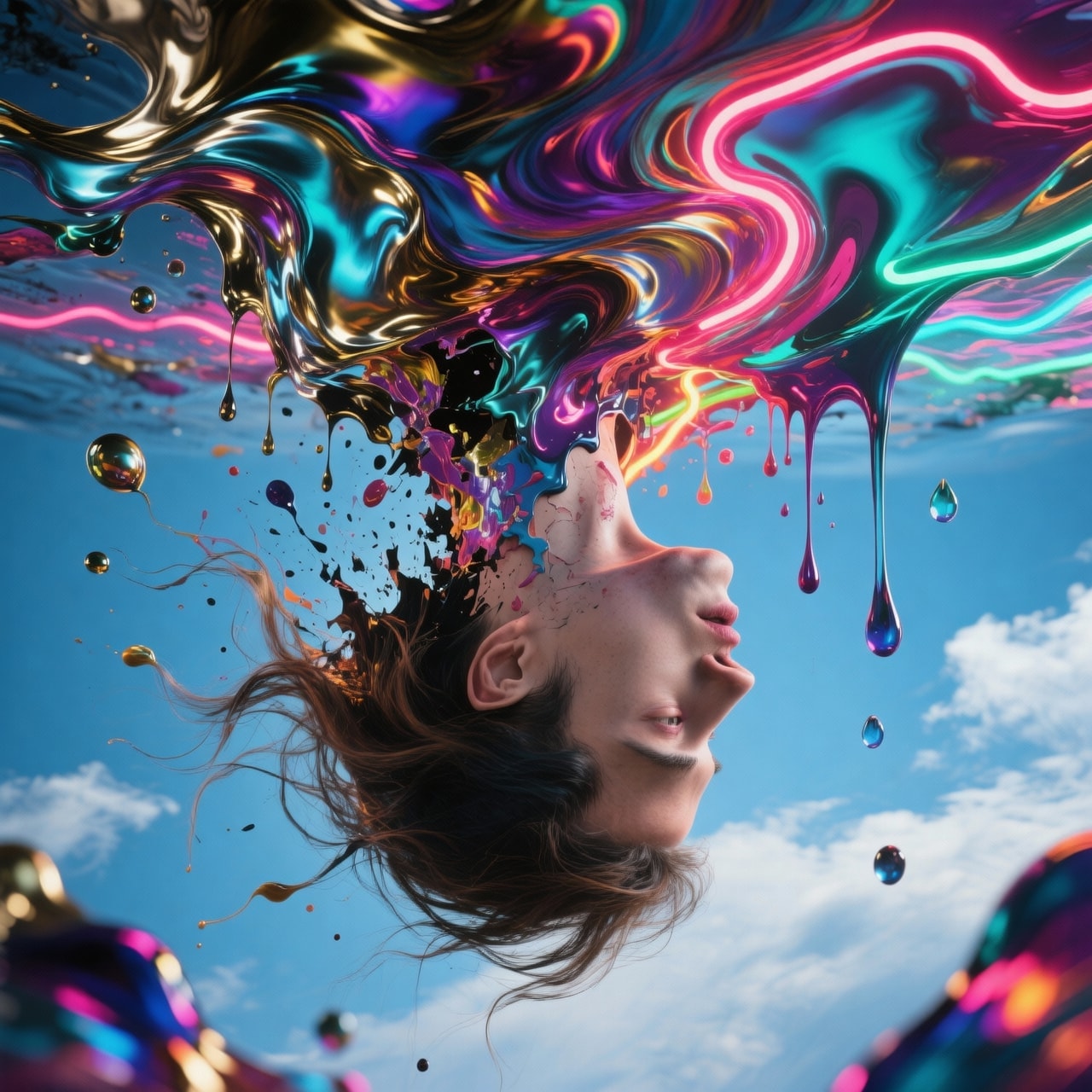 Surreal portrait of a person dissolving into iridescent metallic paint and neon chemicals
