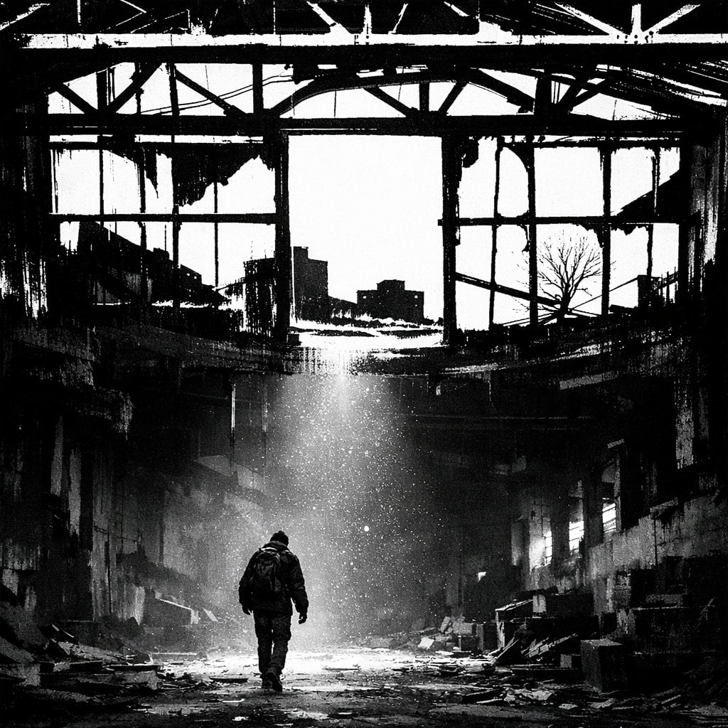 Black and white surrealist composite of a lone traveler in an abandoned factory, with a photographic lower half and minimalist ink illustration upper half.