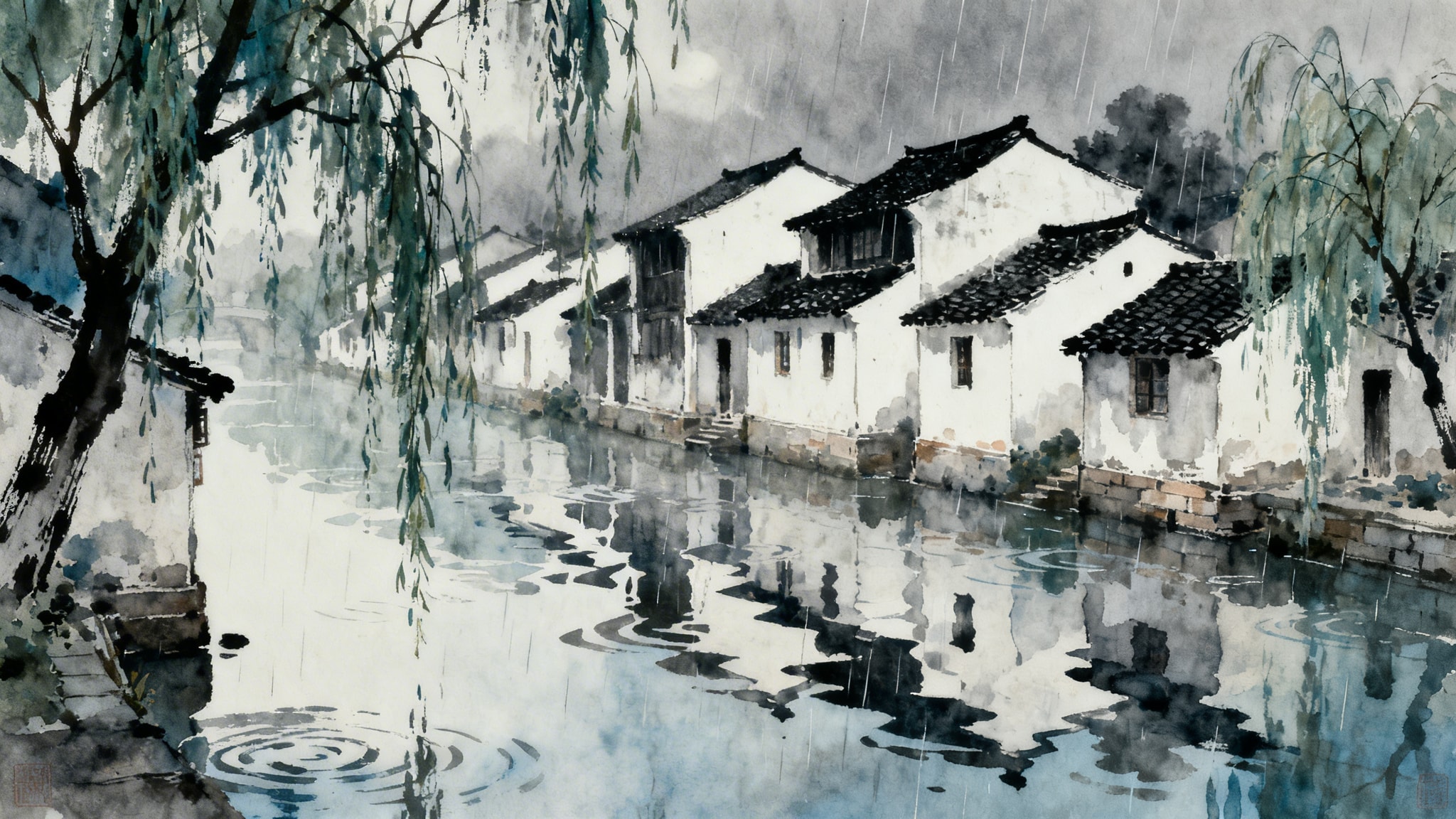 Soft watercolor and ink wash painting of a rainy Suzhou canal with white houses and weeping willows