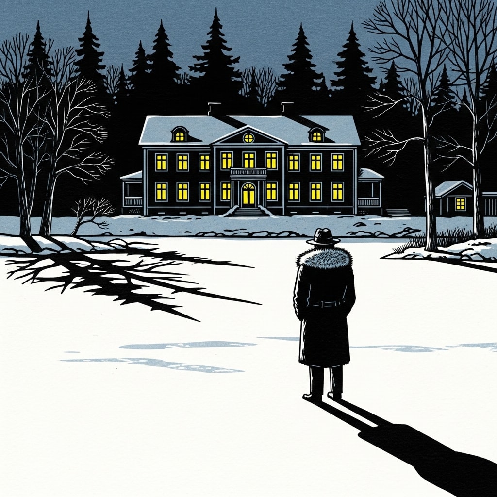Woodblock print style illustration of a 1930s Swedish manor house on a frozen lake at twilight