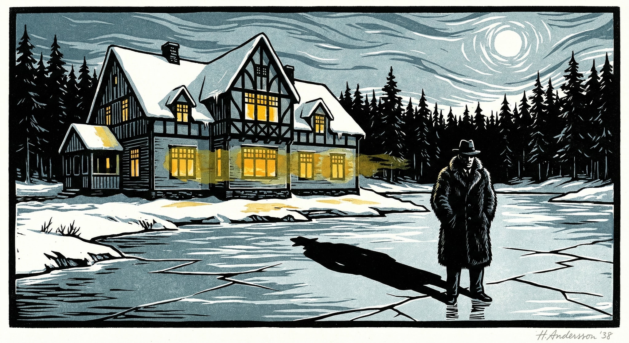 A stark woodblock print of a Swedish manor house on a frozen lake at twilight.