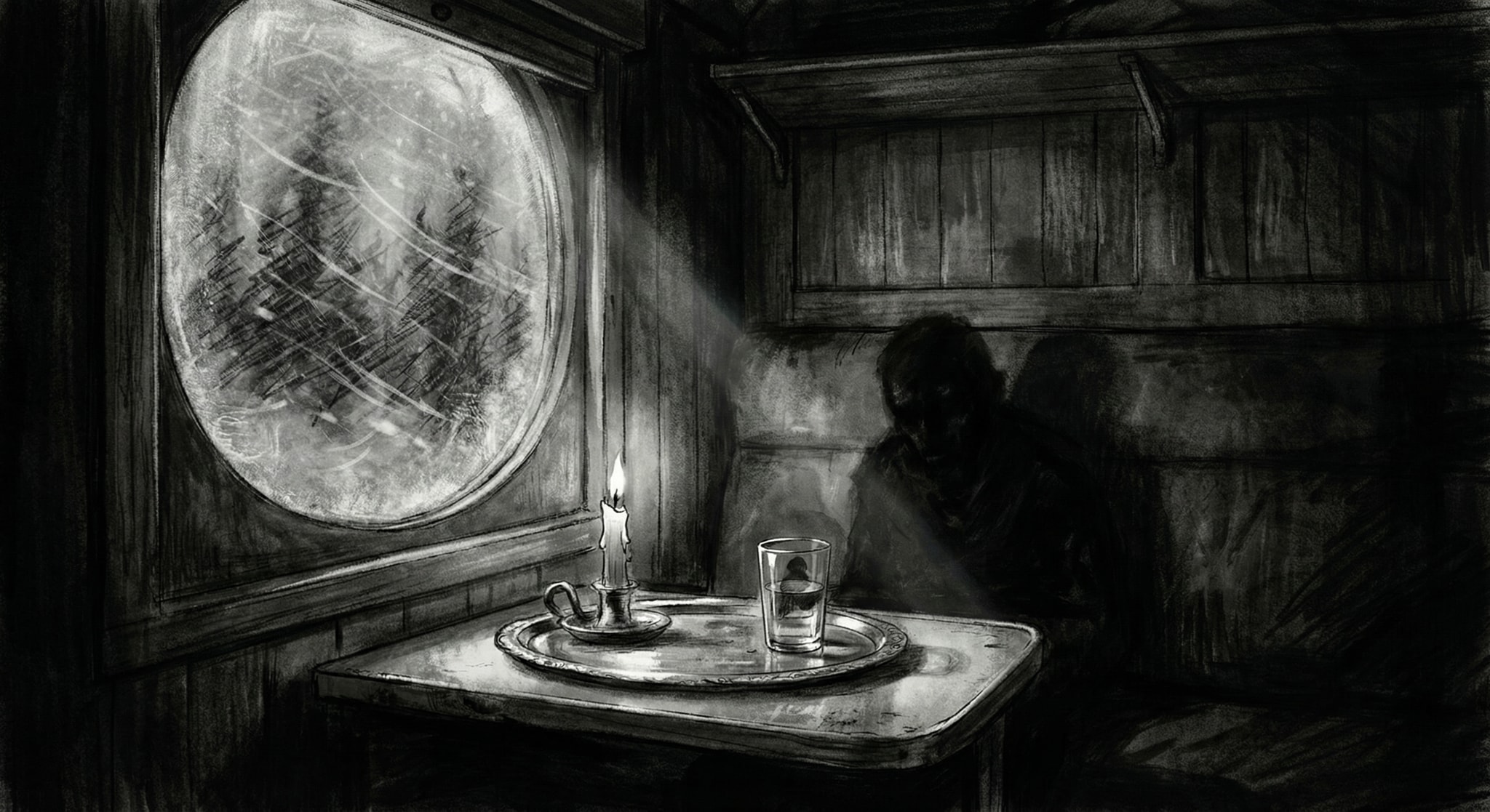 High-contrast charcoal and oil wash illustration of a dark Swedish train compartment during a snowstorm, featuring a silver tray with a candle and akvavit glass lit by a cold beam of light.