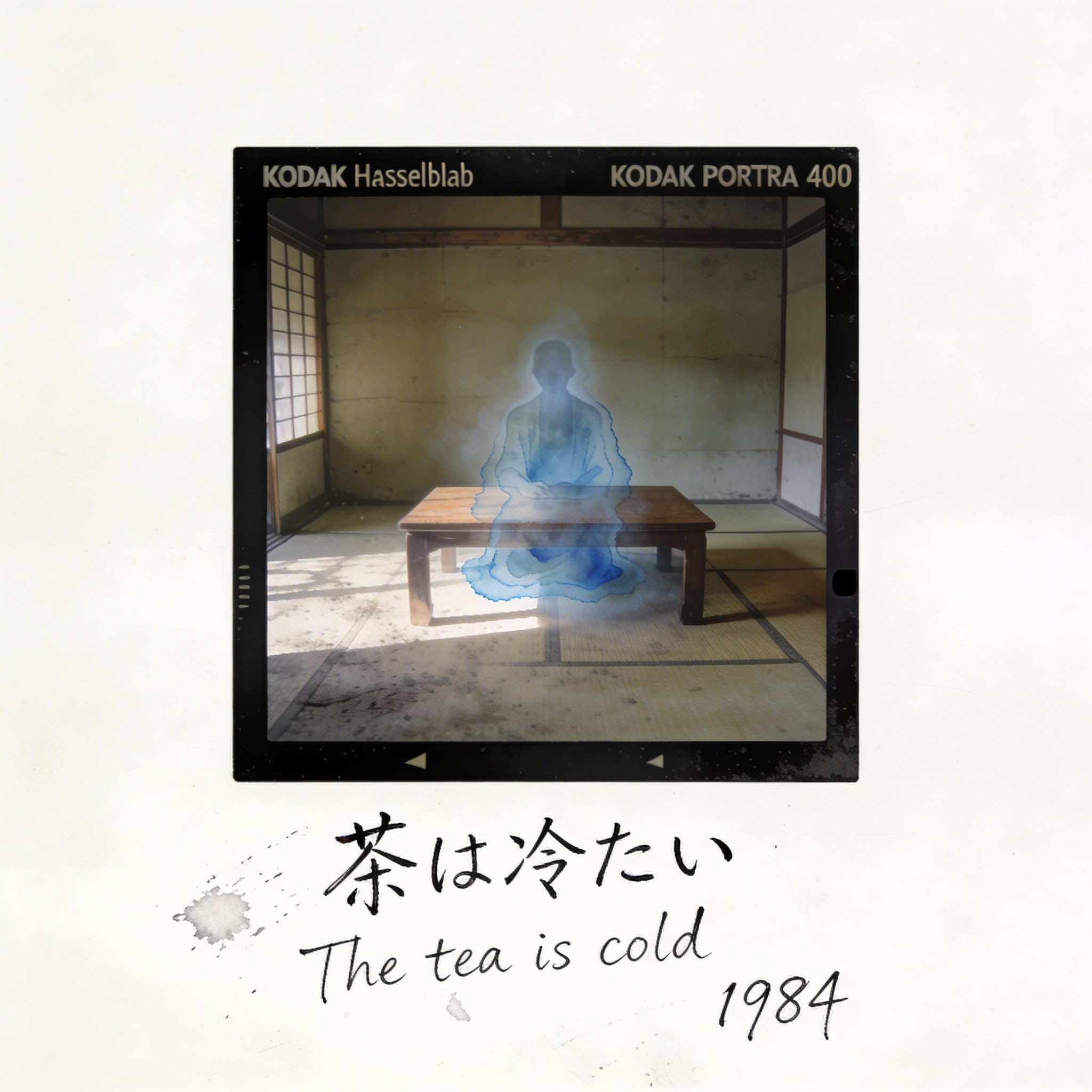 A square Hasselblad photo of an empty Japanese tatami room with a low table, overlaid with a blue watercolor ghost figure and handwritten notes.