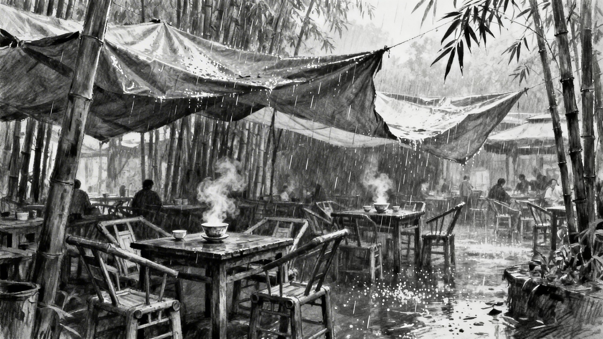 Gritty sketch of a rustic outdoor teahouse under tarps in a rainy Chengdu bamboo park
