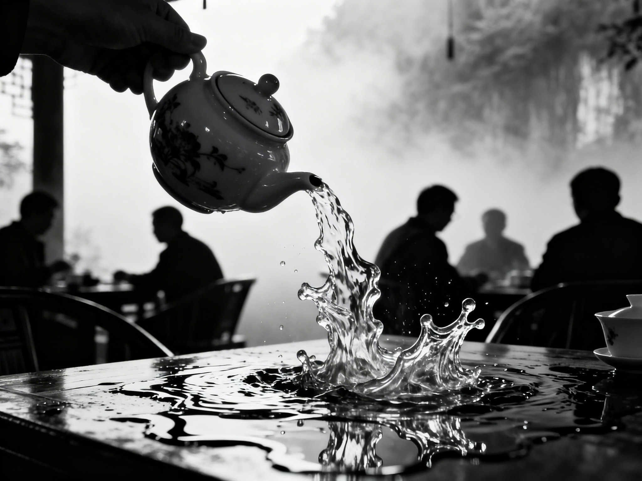 Black and white photo of a porcelain teapot pouring a turbulent miniature river onto a table, with silhouetted patrons in a foggy tea house.