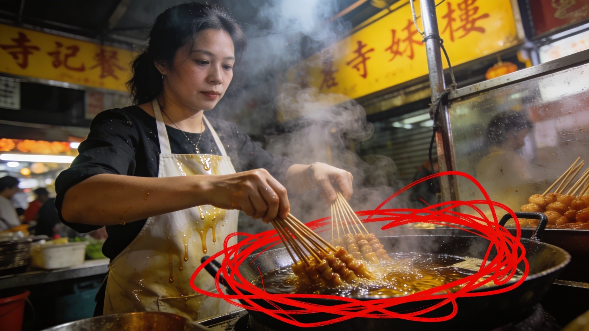 Woman cooking skewers in boiling oil at a night market stall, with steam and vibrant signs