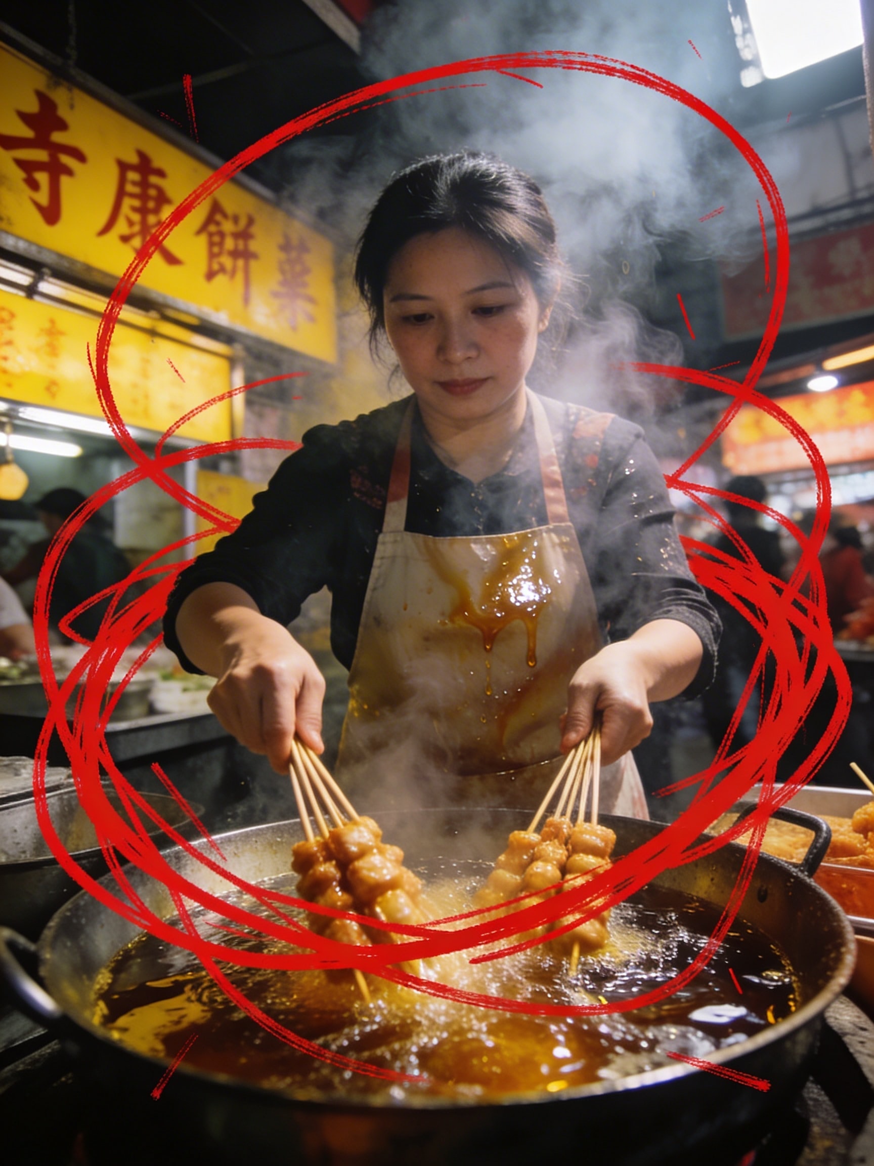 Candid photo of a woman frying skewers in boiling oil at a busy night market stall, with steam and vibrant signs in the background.