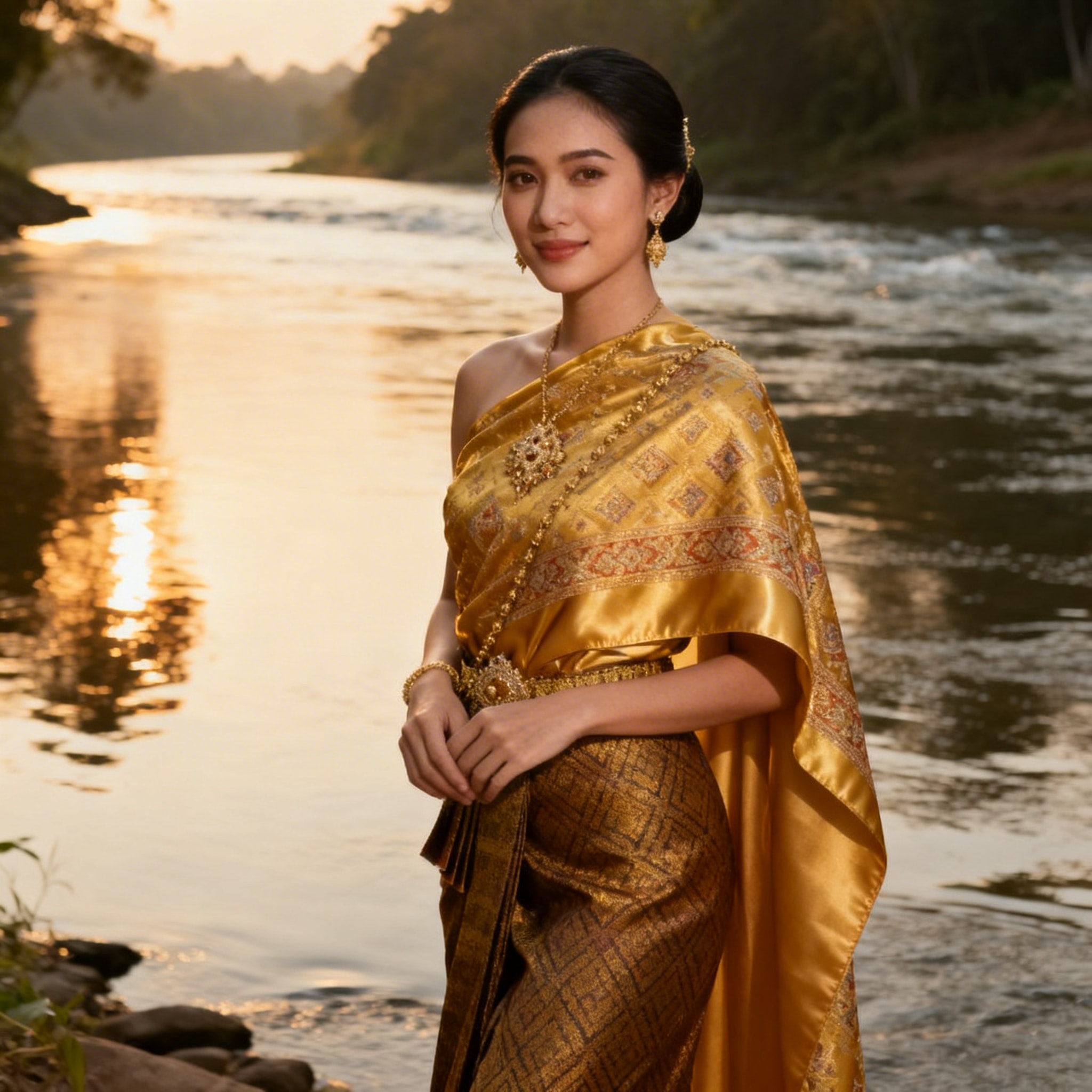 Portrait of a young Thai woman smiling in a traditional Thai outfit with a river and greenery in the background