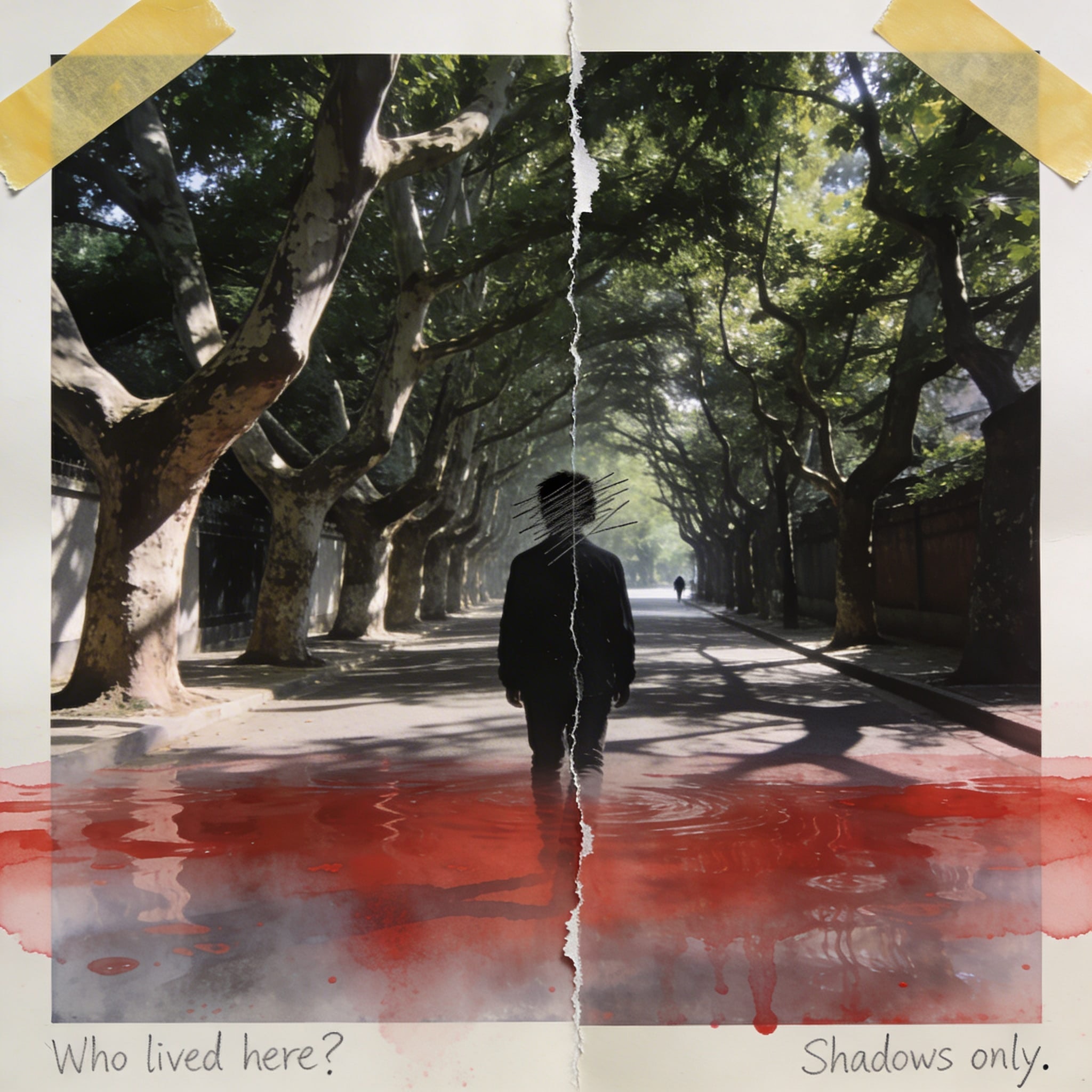 A vintage torn and taped photo of a shaded plane tree avenue in Shanghai's Former French Concession with a solitary figure.