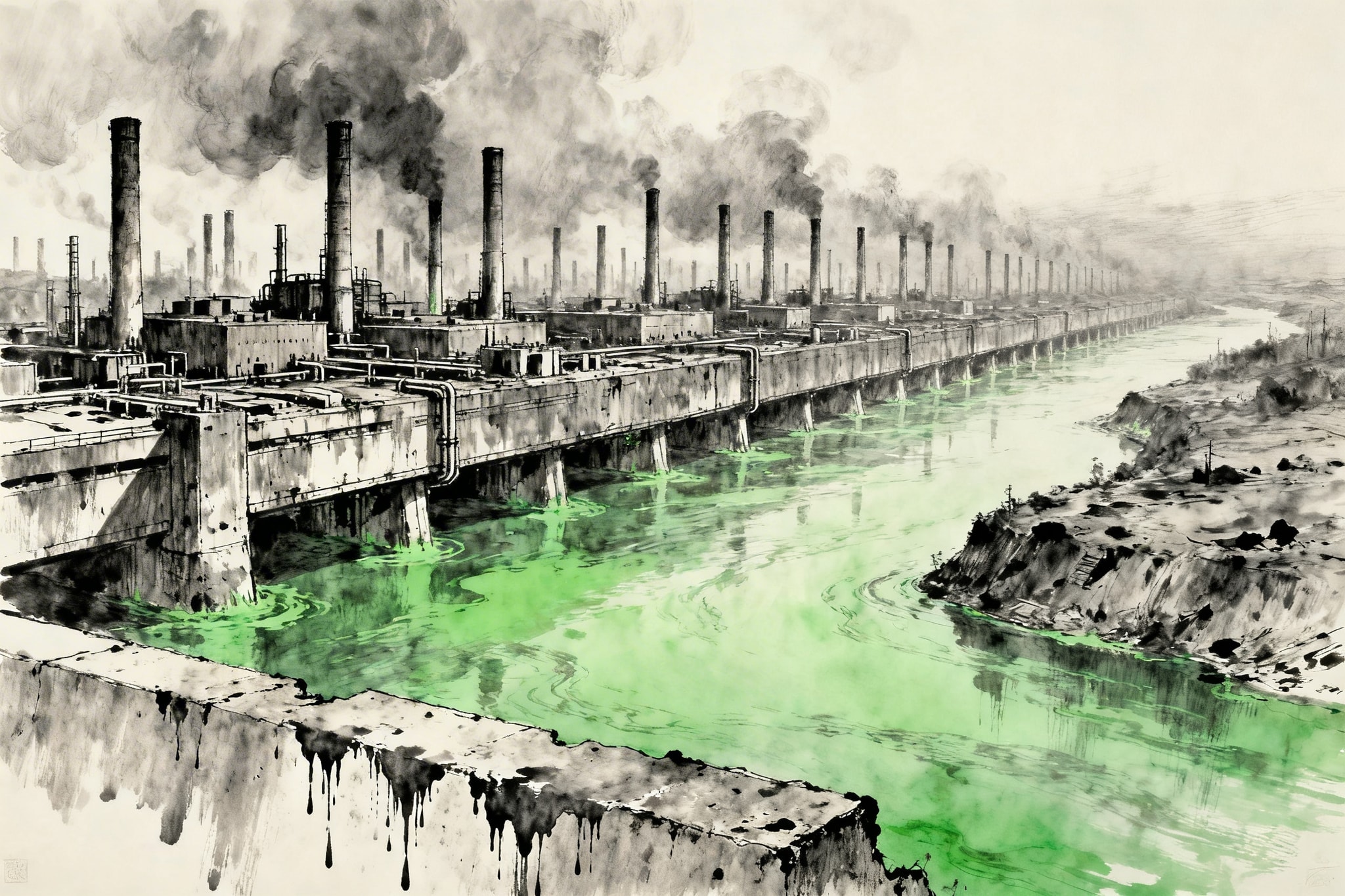 Charcoal and ink wash drawing of a sprawling industrial complex with smokestacks and acid rain over a green river