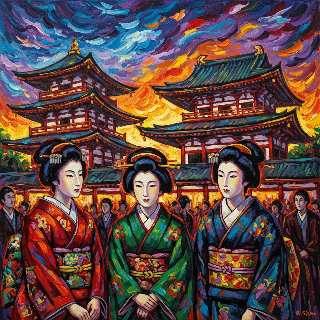 Traditional Japanese women in vibrant kimonos standing before a temple in an intense, colorful painting style