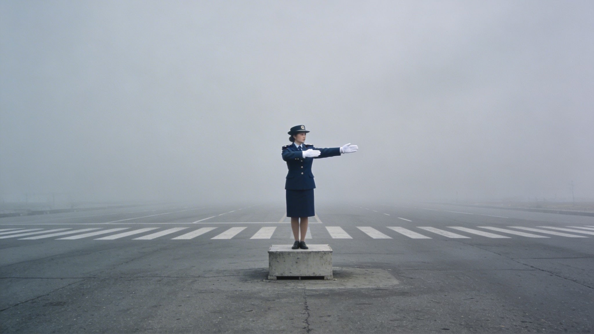 A female traffic officer in uniform directing traffic on a foggy, desolate road.