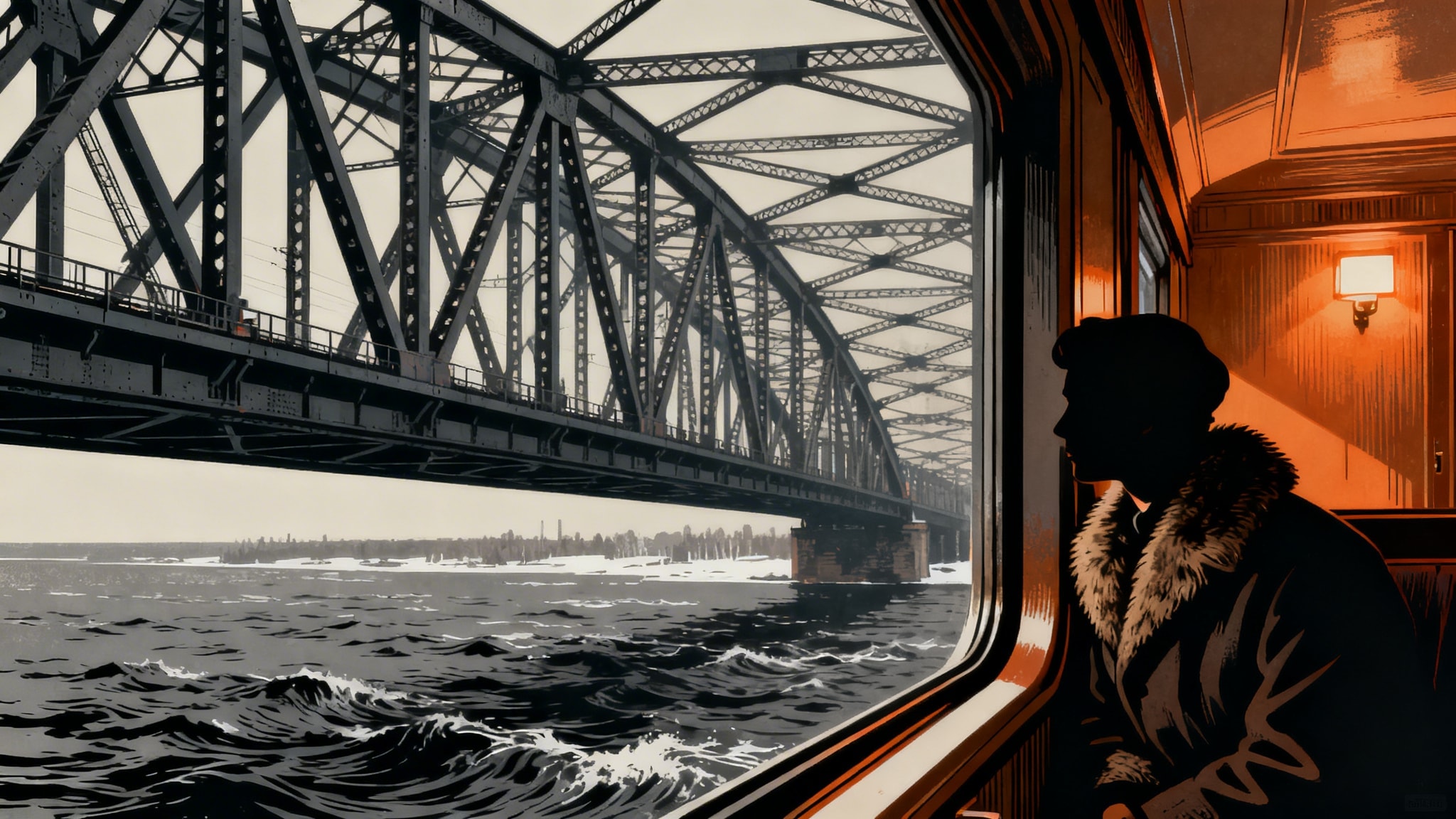 Silhouette of a passenger looking out of a train window at a massive steel bridge over waves.