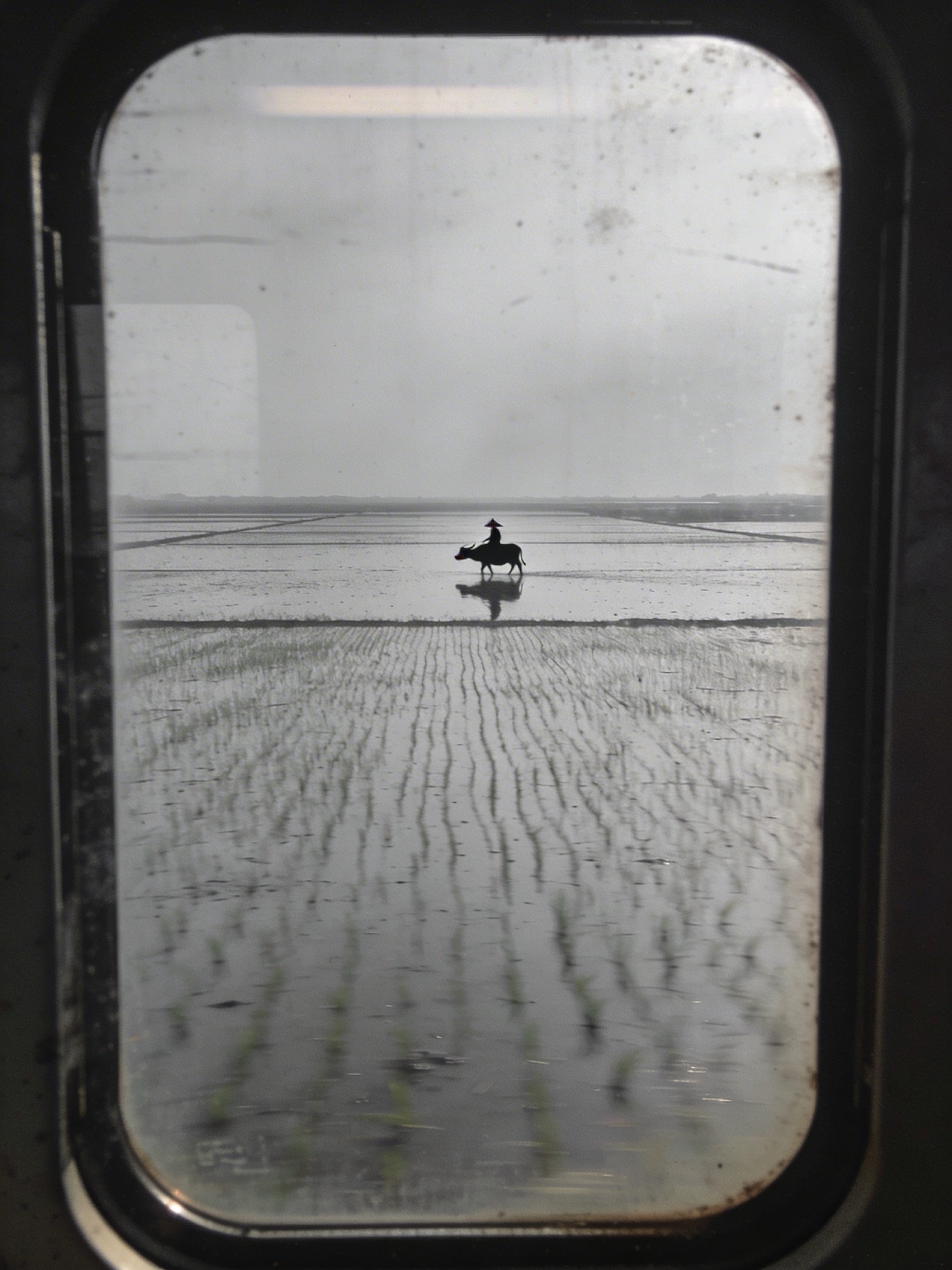 View from a moving train of a flooded rice paddy under a grey sky, with a distant farmer and water buffalo.