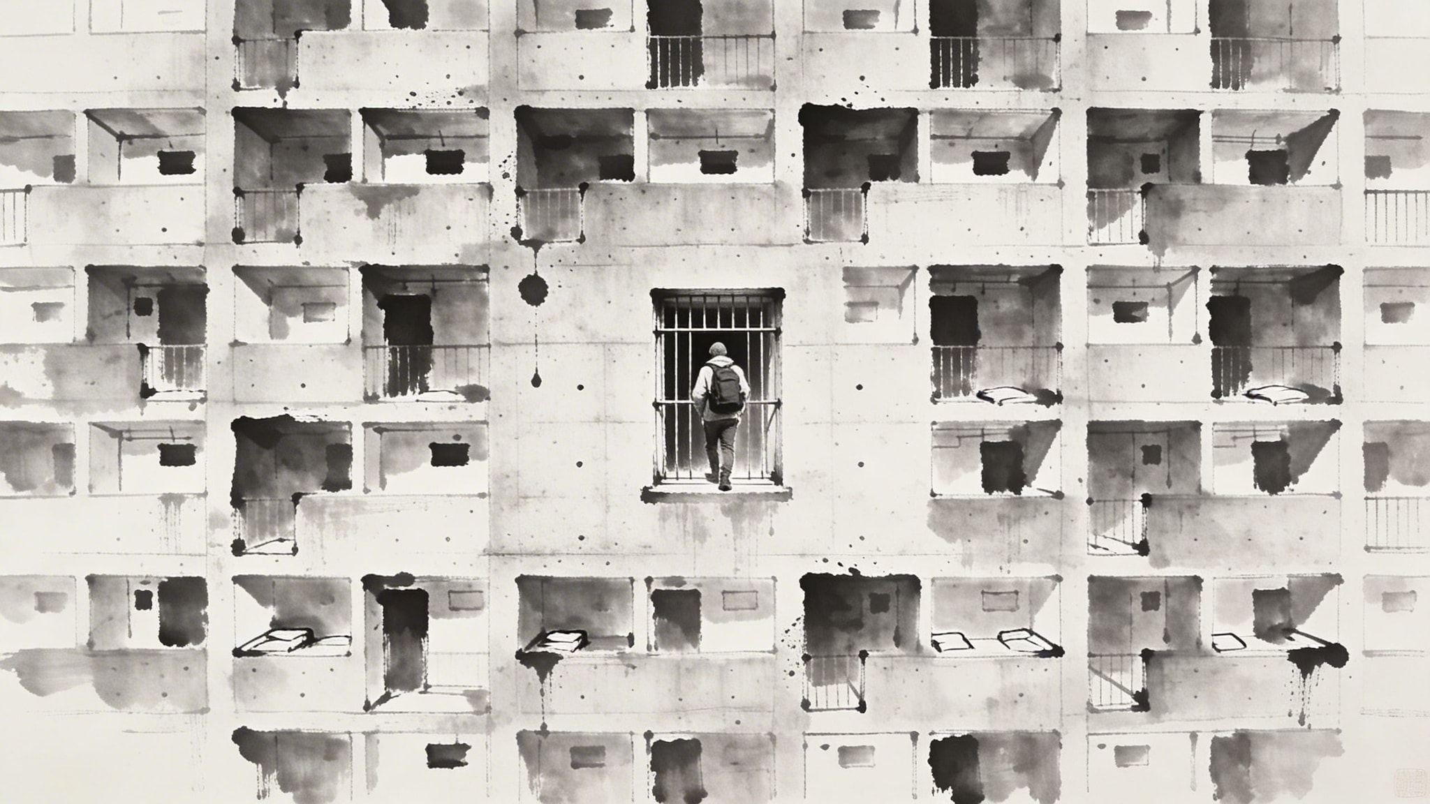 Black and white surrealist image of a realistic traveler at a barred window within an infinite ink-wash illustration of concrete cells