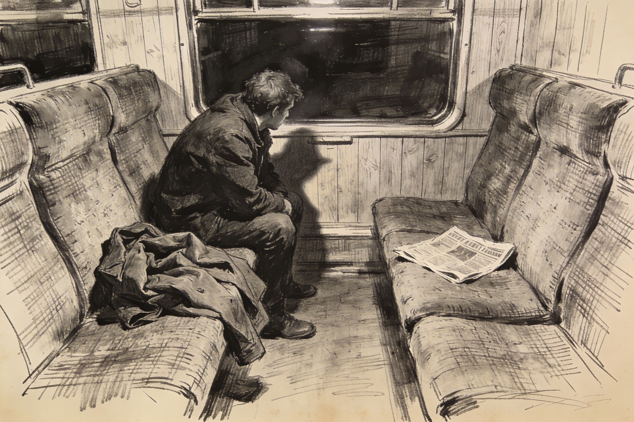 Expressive pen sketch of a solitary traveler in a dimly lit train compartment
