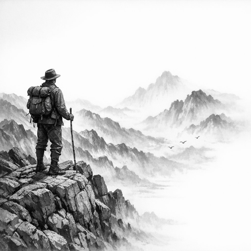 A black and white surrealist image blending a detailed photograph of a traveler on a mountain with minimalist Chinese ink-wash painting for the distant peaks.