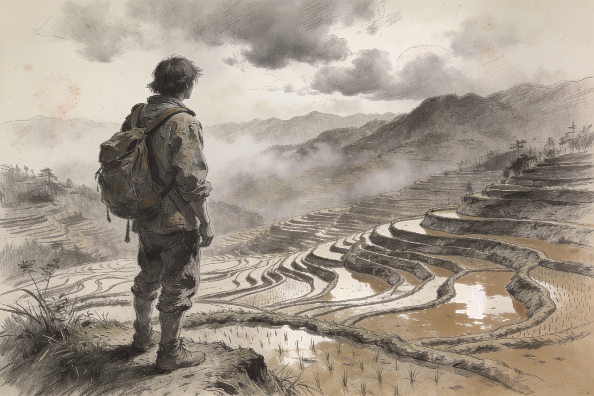Graphite pencil drawing of a lone traveler overlooking vast rice terraces in Guizhou under a moody sky