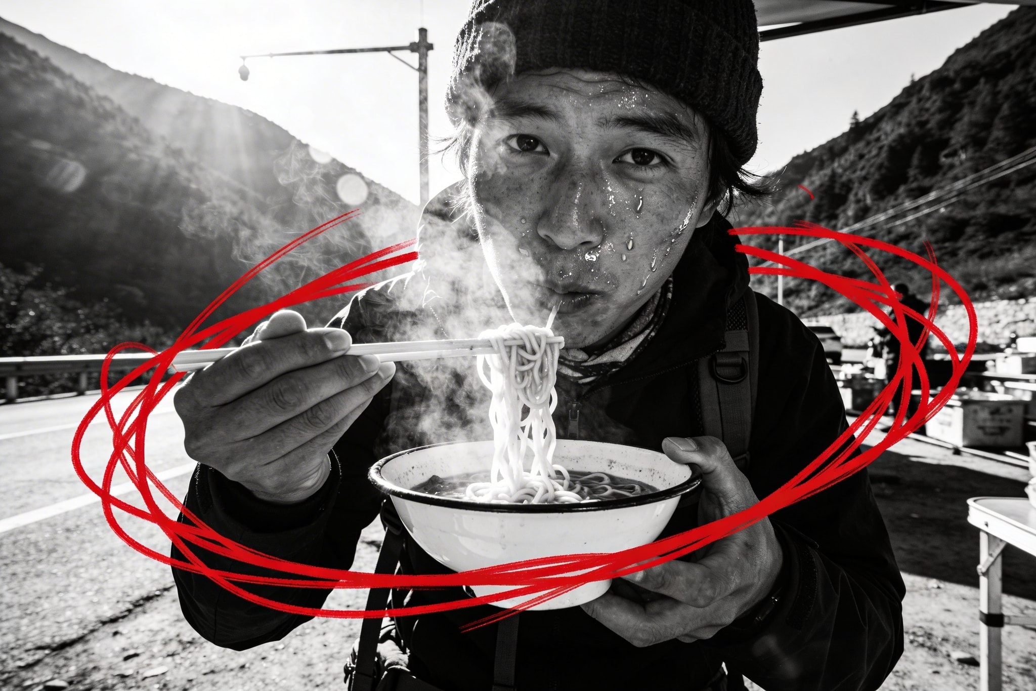 Black and white photo of a traveler eating ramen at a nighttime roadside stall, with a red scribble encircling the bowl and hands