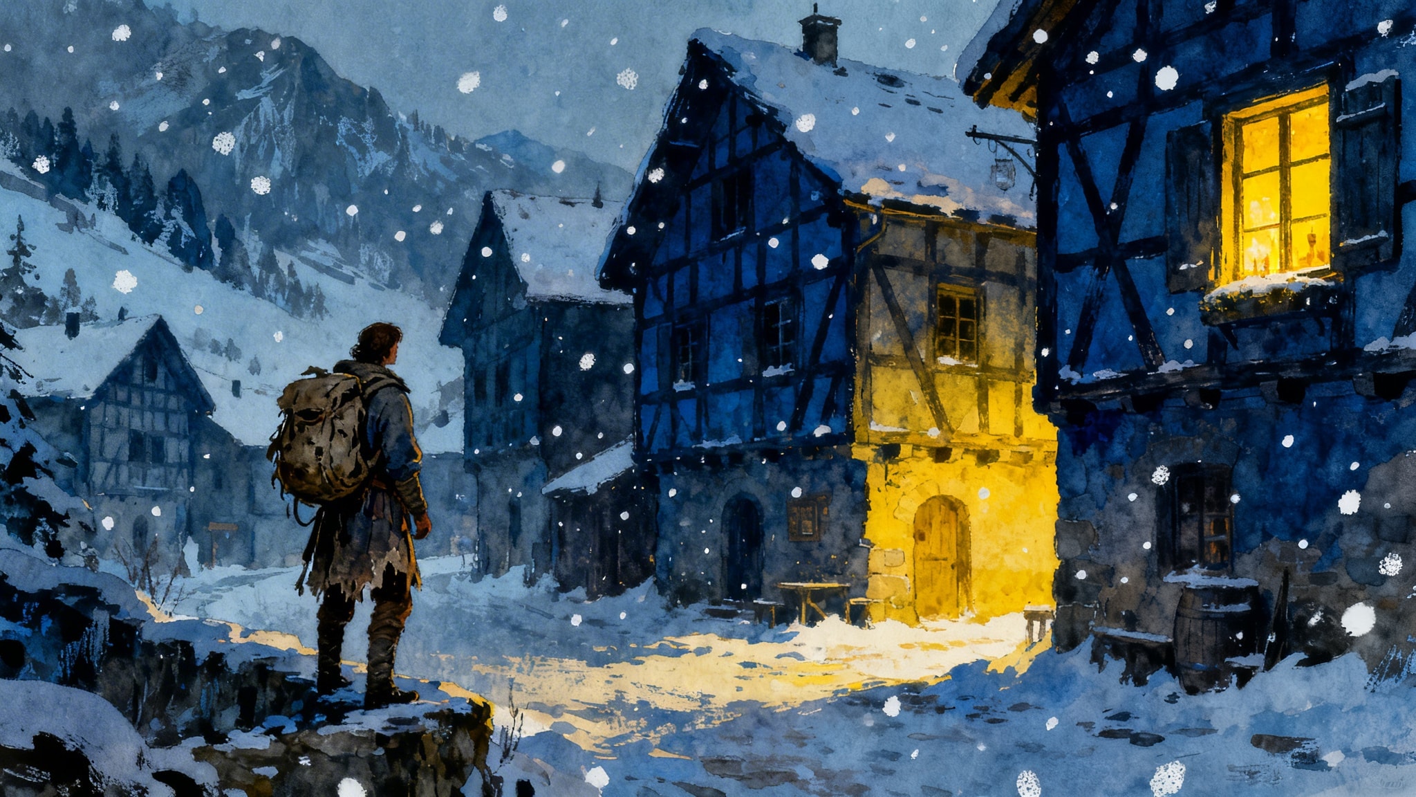Opaque gouache painting of a lone traveler with a backpack in a snowy medieval Alpine village at night