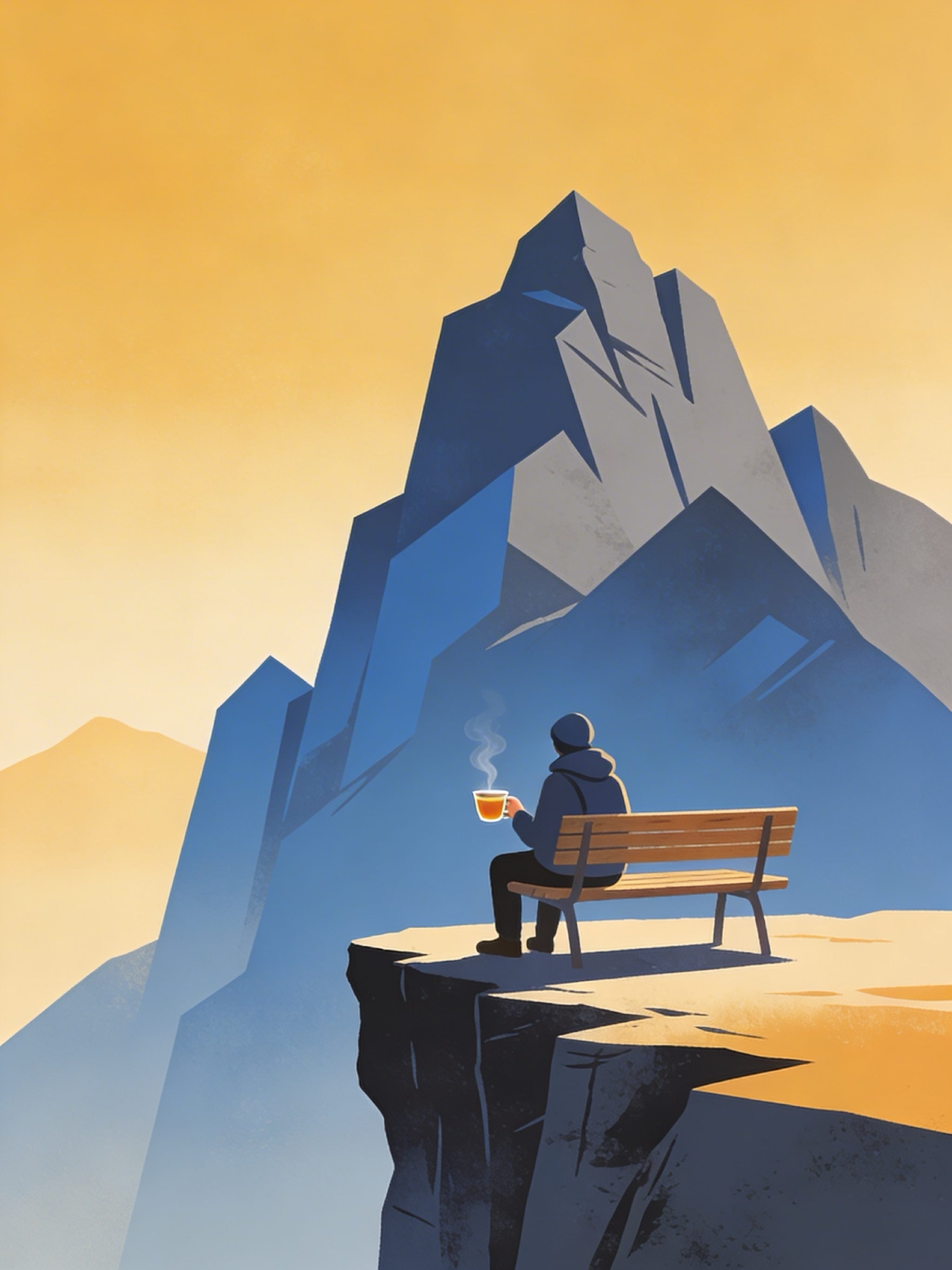 A person sitting on a wooden bench at a cliff edge holding a cup of tea during golden hour, with minimalist blue and grey mountain peaks in the background.