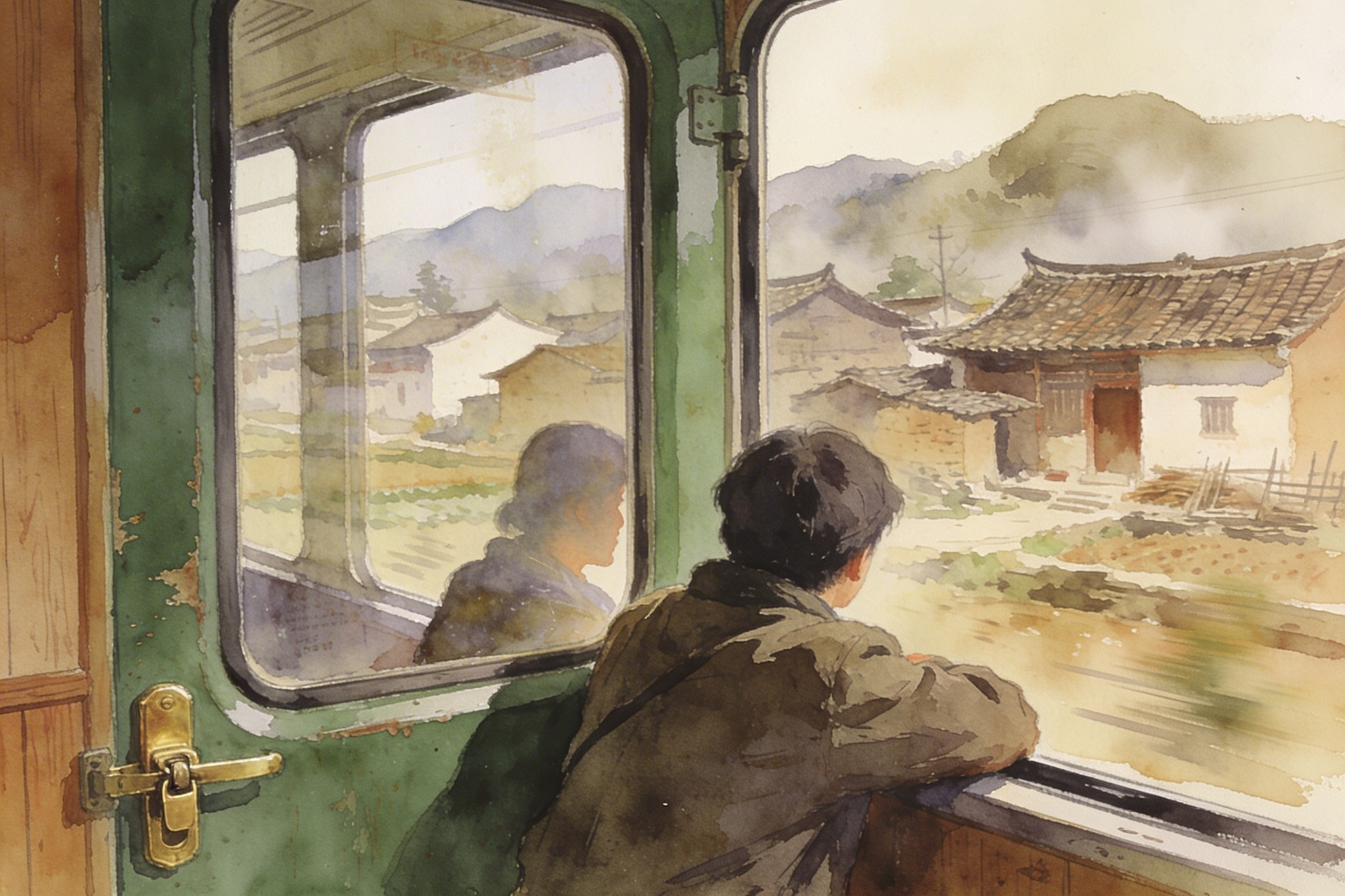 Loose gouache illustration of a traveler looking out a vintage train window at Chinese countryside