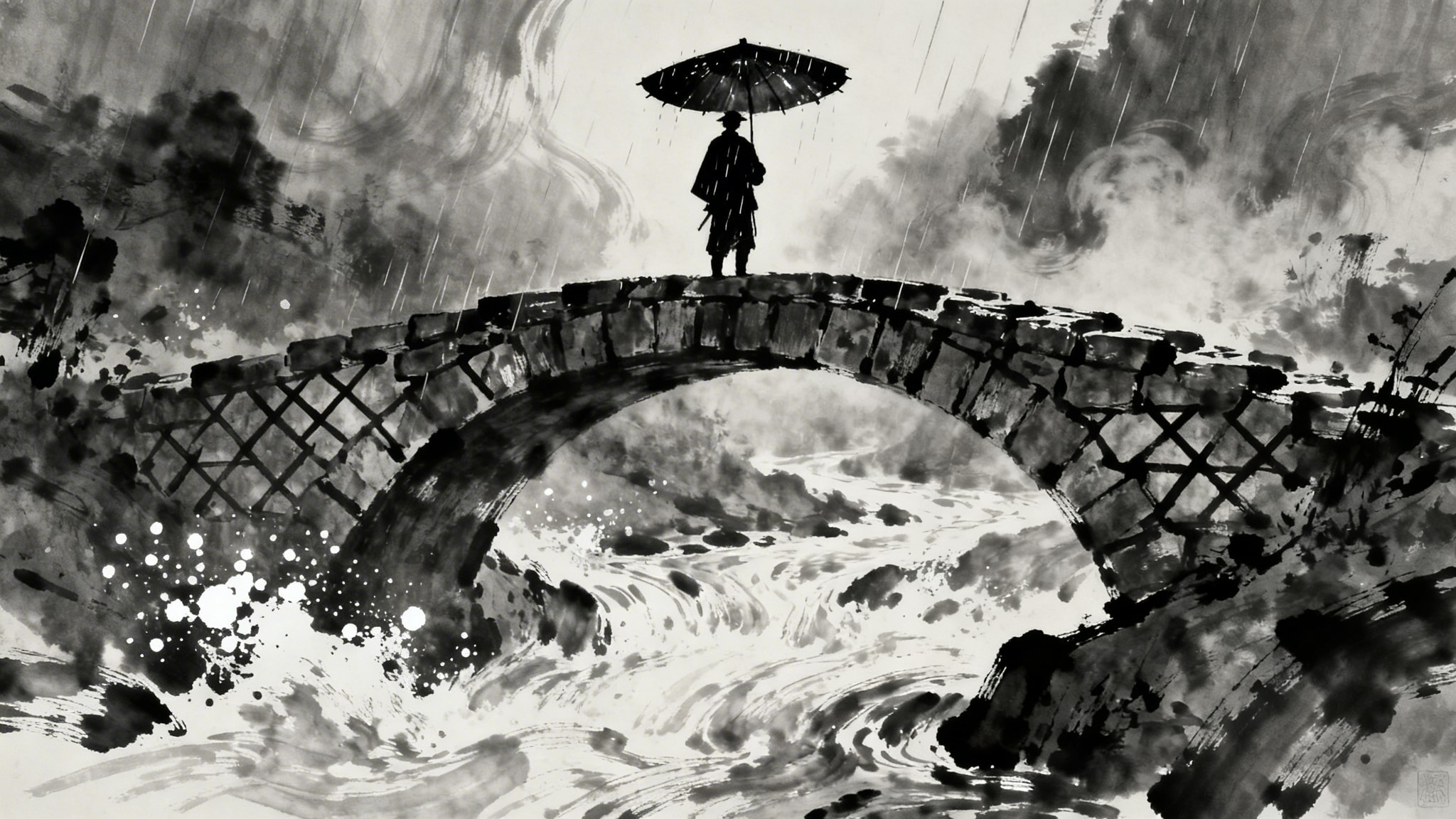 Expressive ink wash drawing of a traveler with a paper umbrella on a stone bridge over a mountain stream