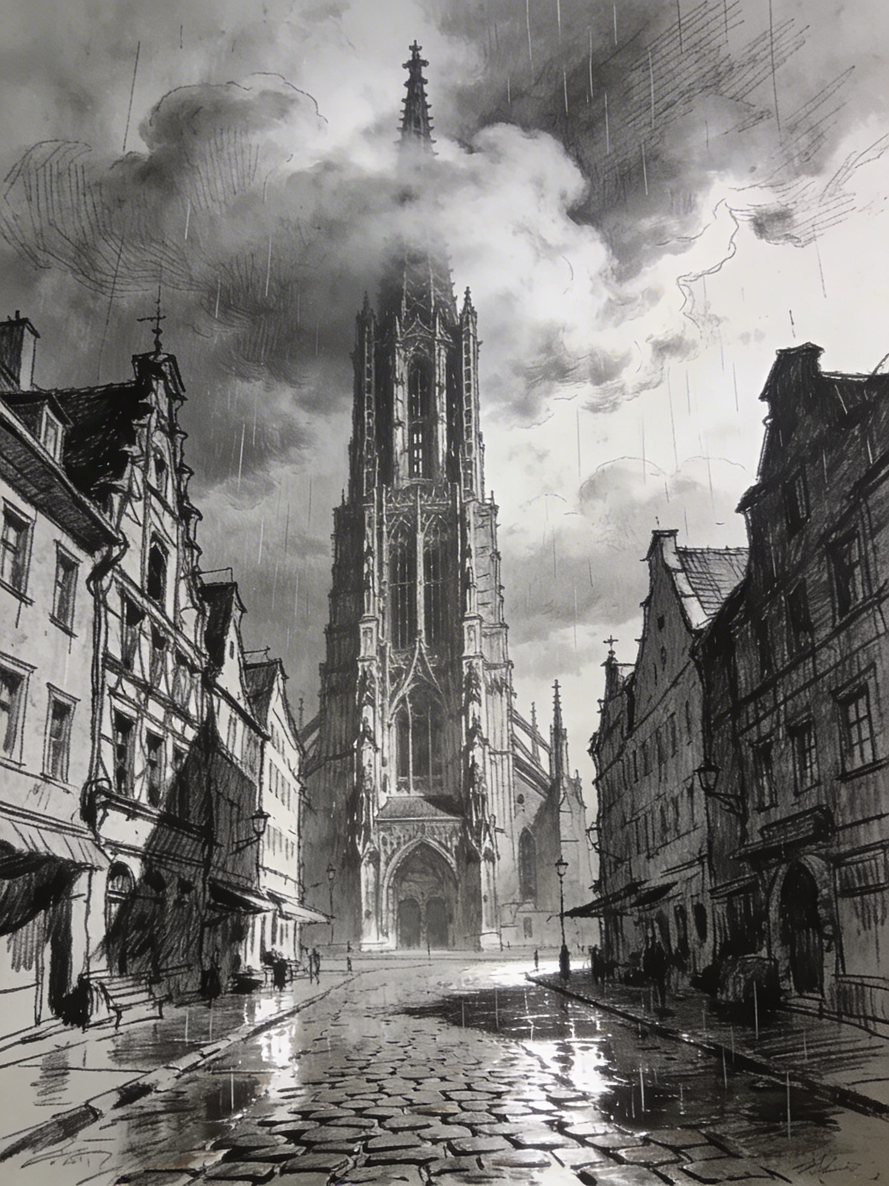 Dramatic vertical sketch of Ulm Minster disappearing into low clouds above a wet Fishermen's Quarter