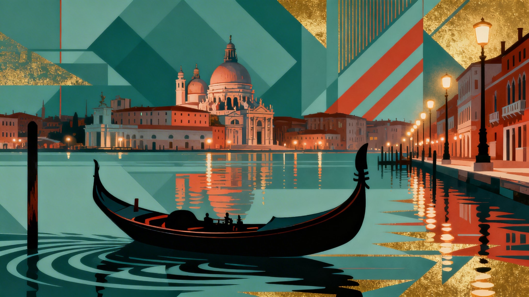 Stylized illustration of a gondola in Venice at sunset with geometric sky and gold leaf accents.