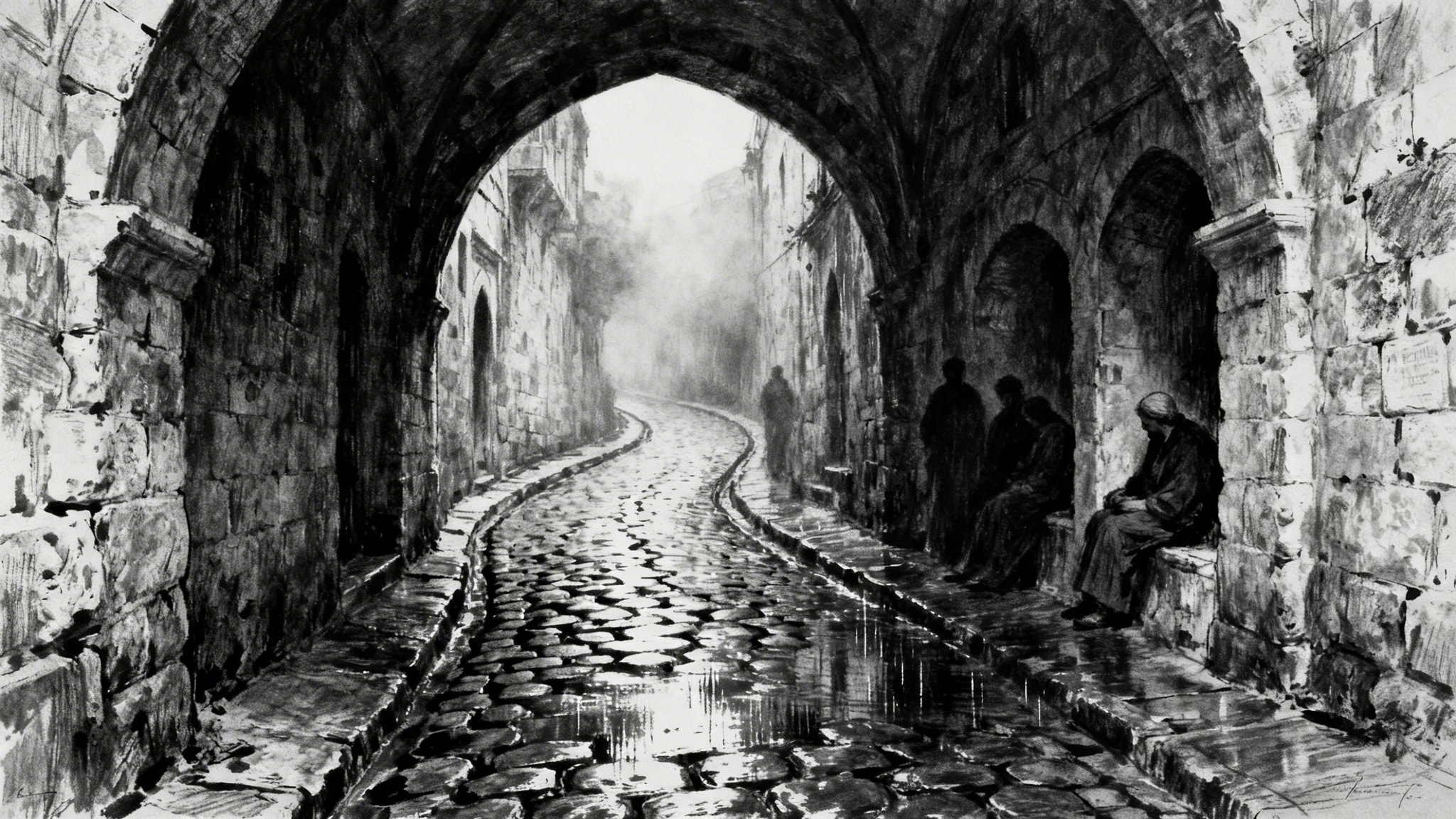Charcoal and ink drawing of the rainy Via Dolorosa in Jerusalem's Old City
