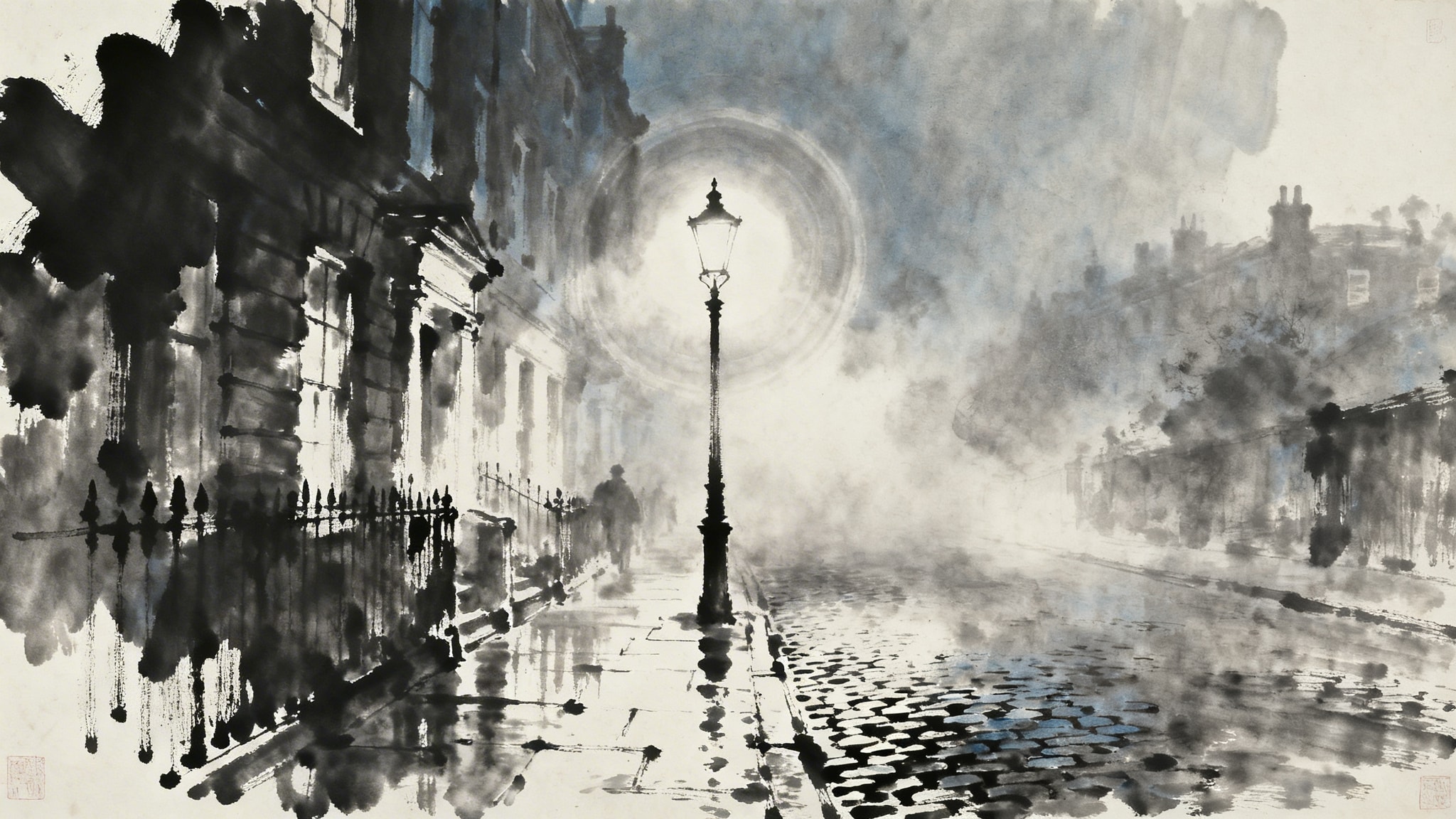 Moody ink wash painting of a foggy Victorian London street illuminated by a single gas lamp