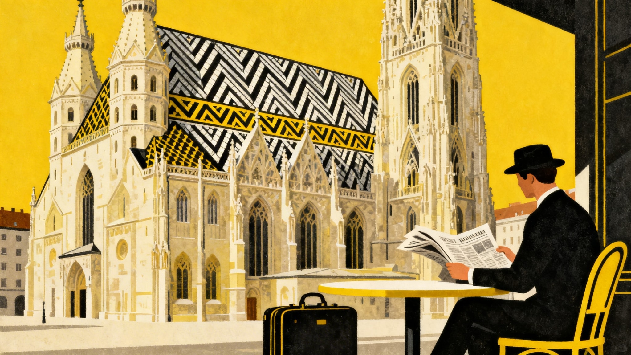Vintage-style illustration of a man reading a newspaper at a café with St. Stephen's Cathedral in the background.