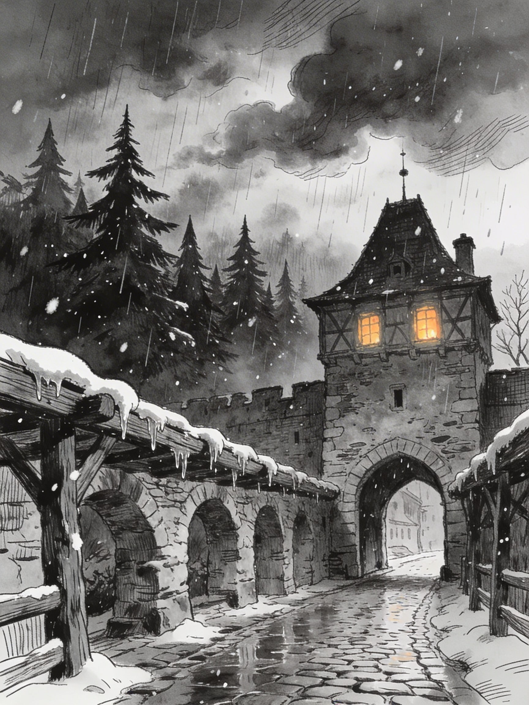 Rough ink sketch of a medieval city gate in Villingen during a cold winter mix of rain and snow, with dark forests in the distance