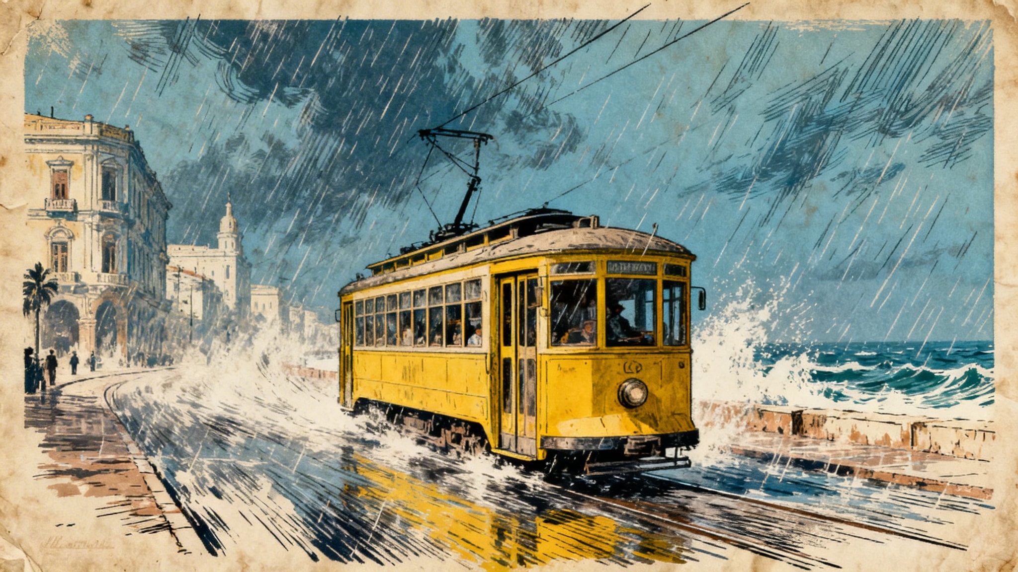 Vintage 1930s-style travel poster of a yellow tram on a stormy Alexandria seafront