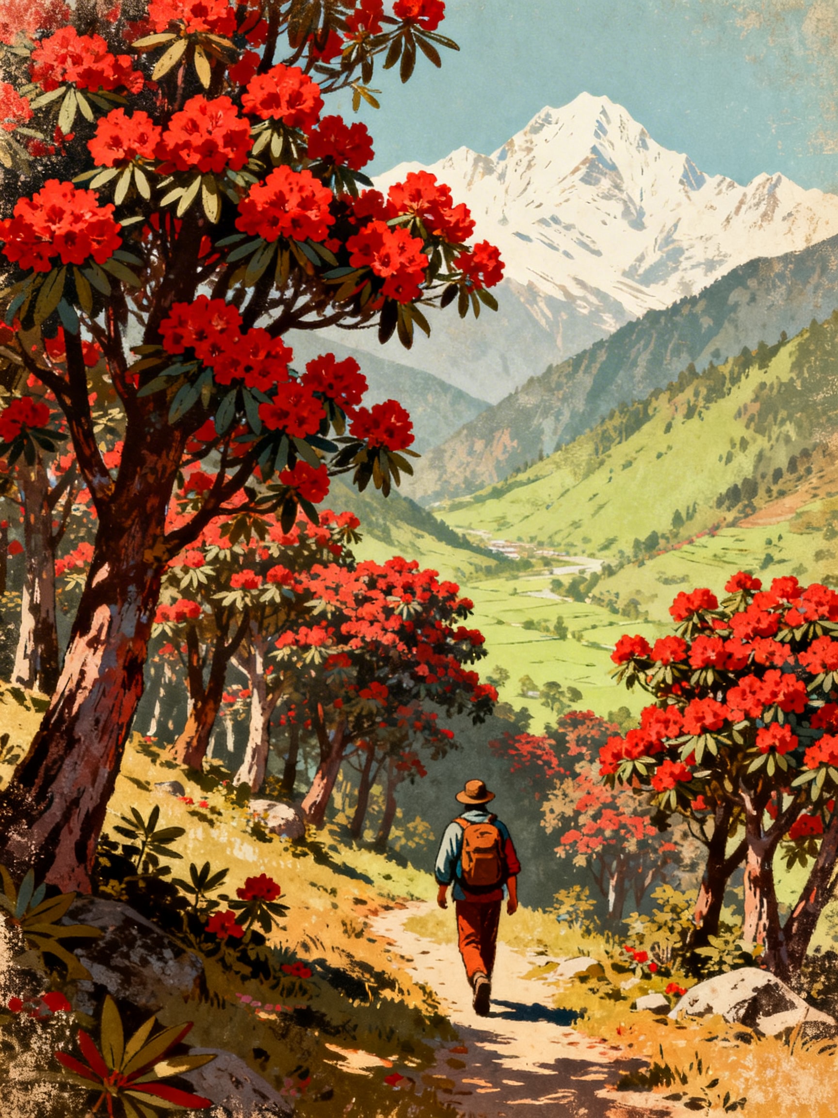 Vintage 1970s poster of a hiker walking through crimson rhododendron flowers in the Nepalese foothills with distant white mountains