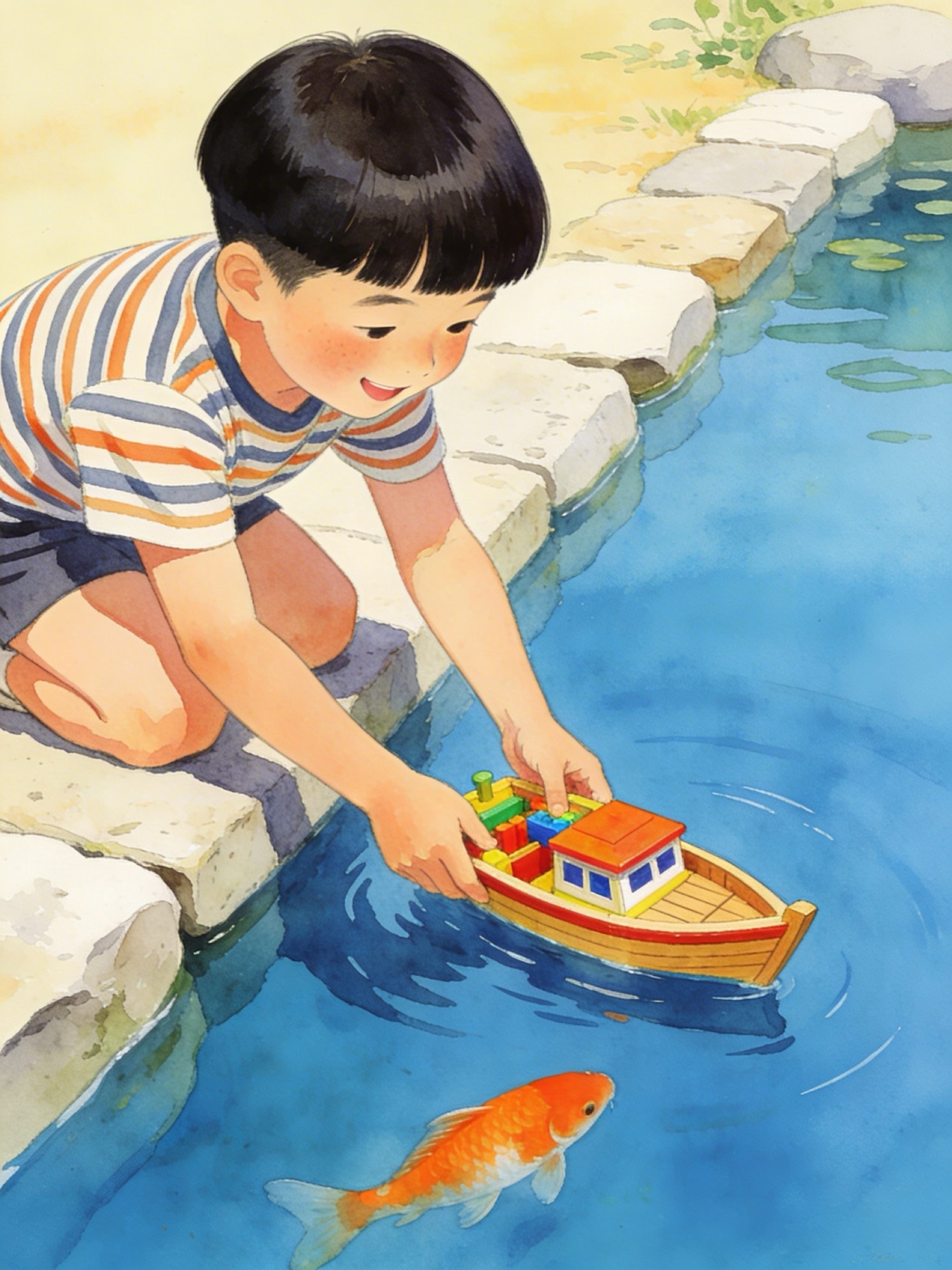 Vintage 1950s illustration of a joyful Japanese boy in a striped shirt placing a wooden toy boat into a blue pond with an orange koi fish