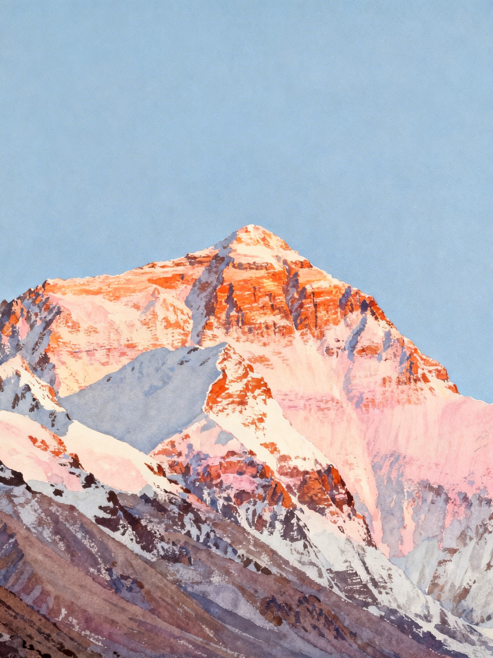 Vintage gouache illustration of Mount Everest at sunrise in soft pink and orange tones