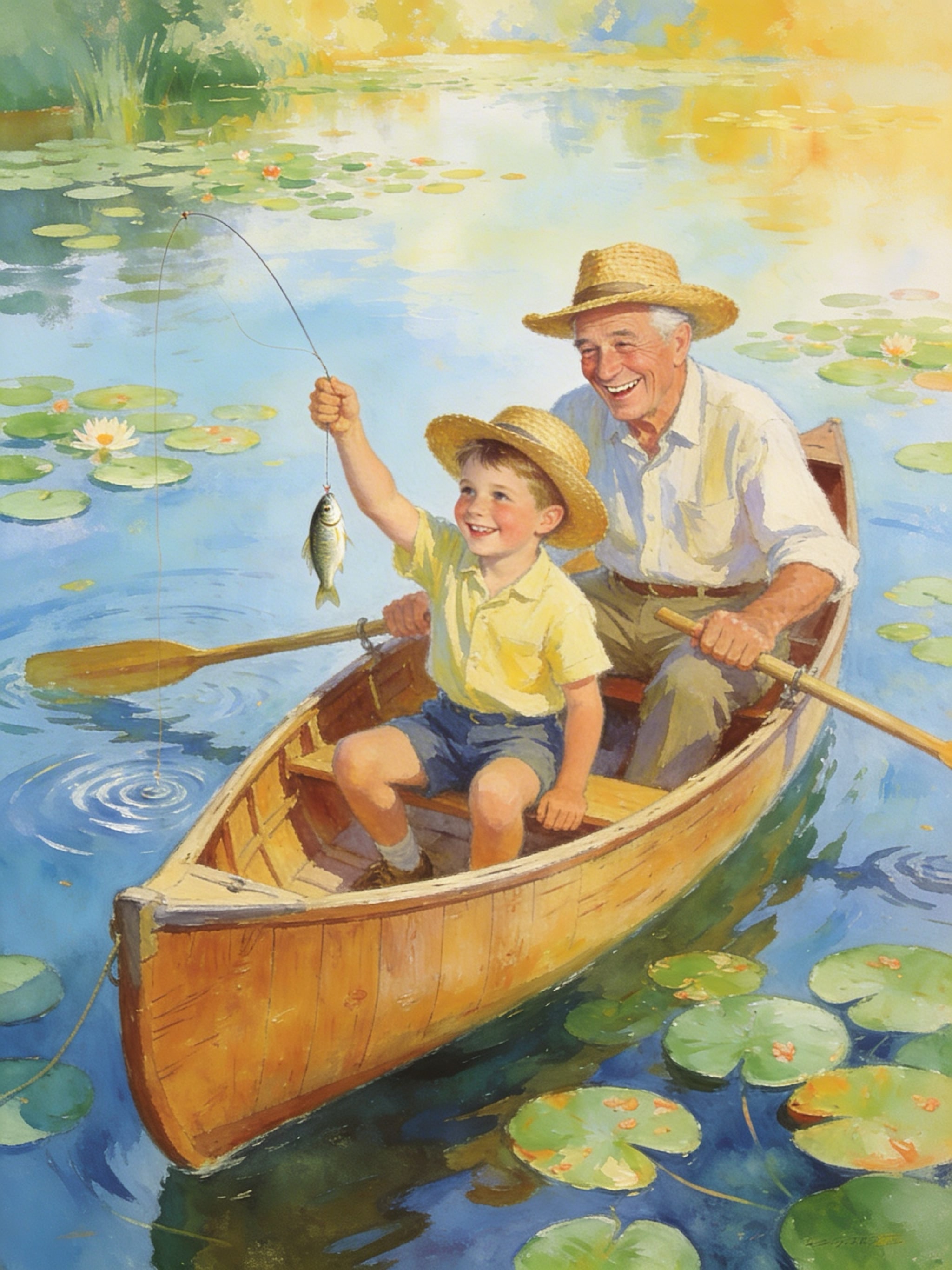 Vintage 1950s illustration of a smiling grandfather and grandson fishing from a wooden rowboat on a pond