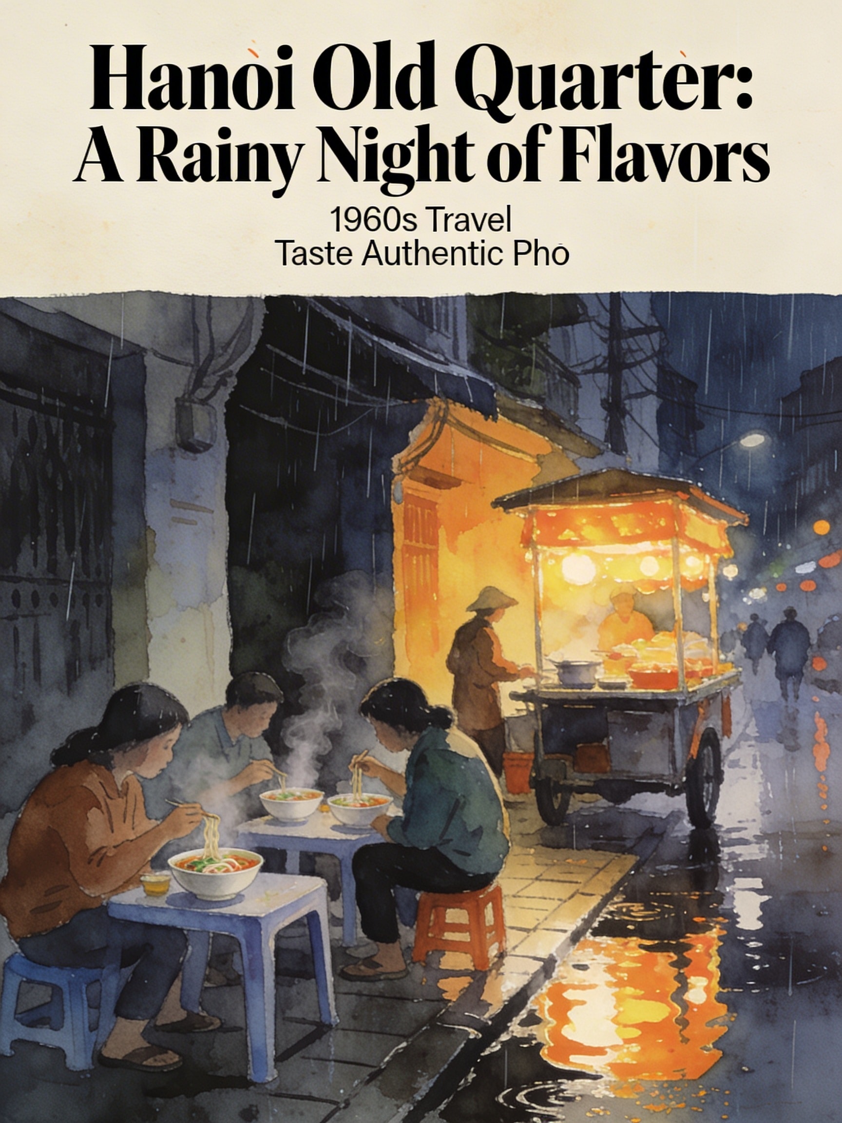 Vintage-style gouache illustration of people eating pho at street food stalls on a rainy Hanoi night.