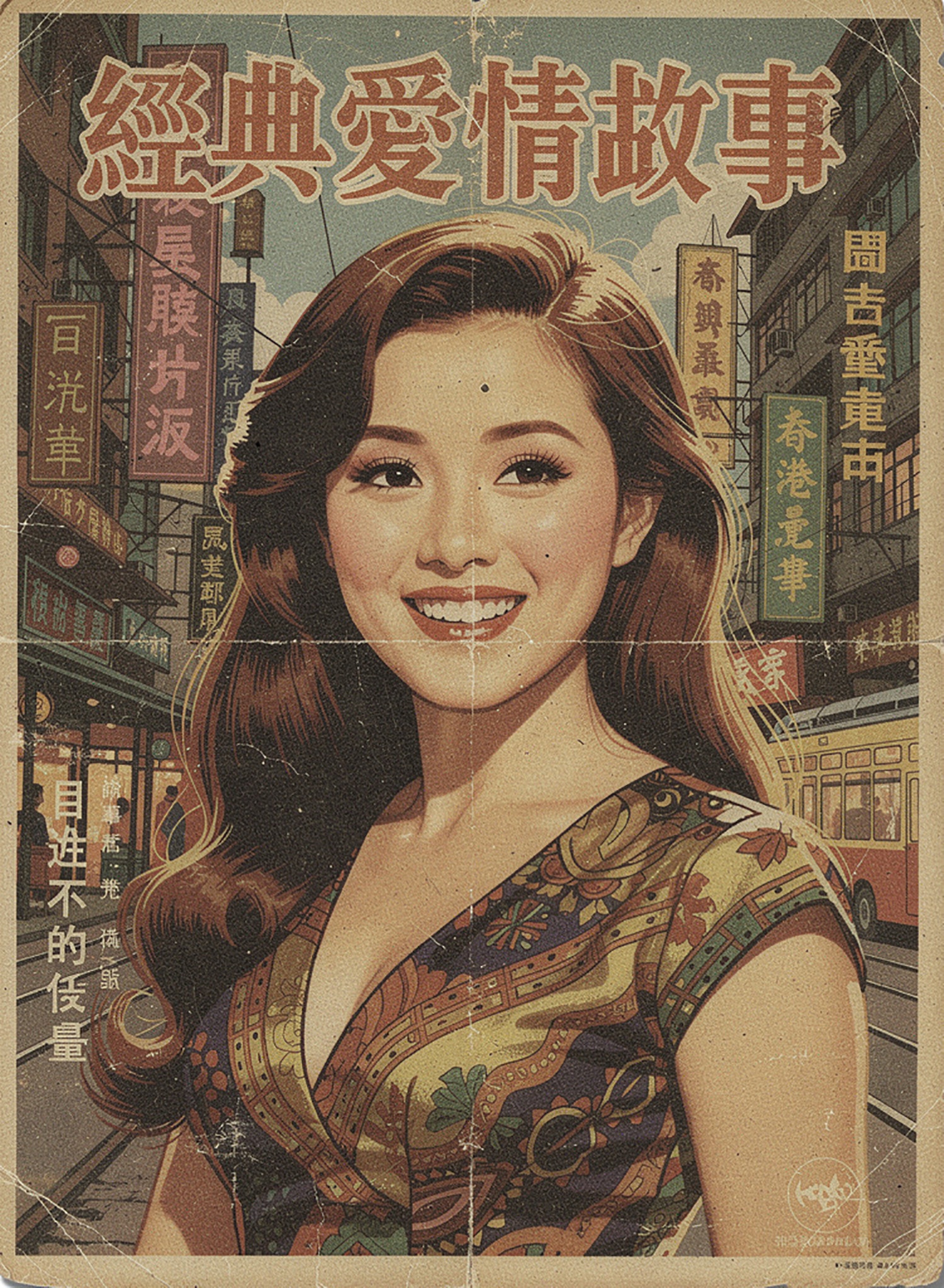 A realistic woman with long hair and a big smile on a vintage Hong Kong cinema poster