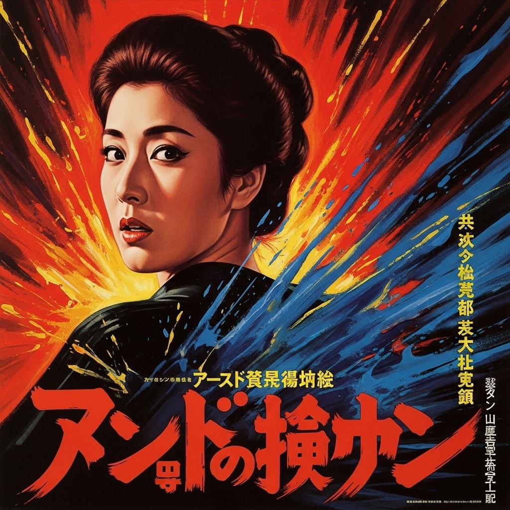 Vintage-style Japanese movie poster featuring women in an intense, colorful painting
