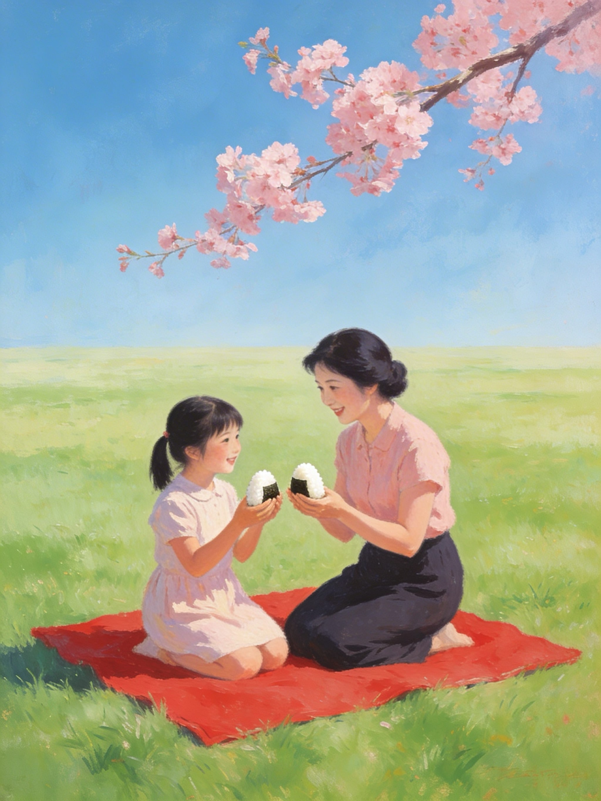 A vintage 1950s-style illustration of a Japanese mother and daughter sharing onigiri on a red blanket under a cherry blossom tree.