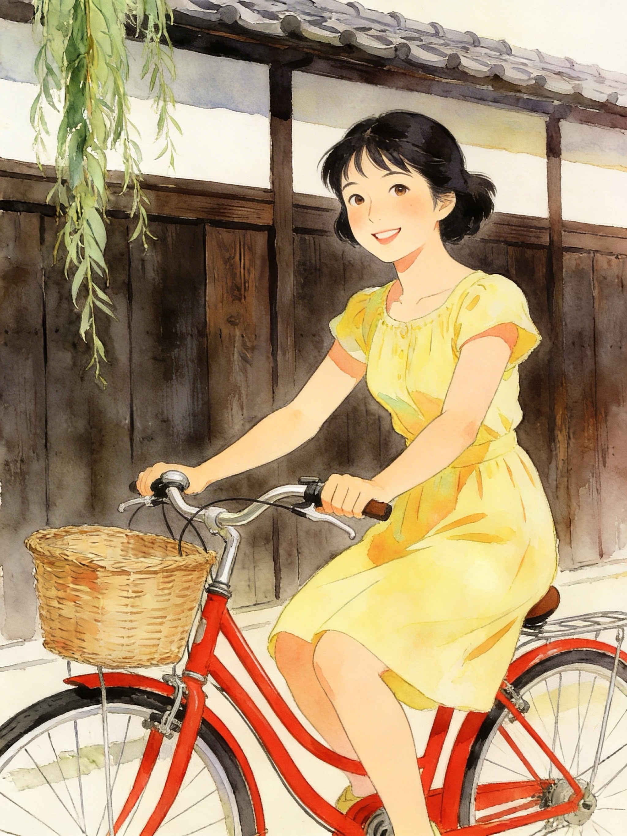 A young Japanese woman in a yellow dress rides a red cruiser bicycle past a traditional wooden wall.