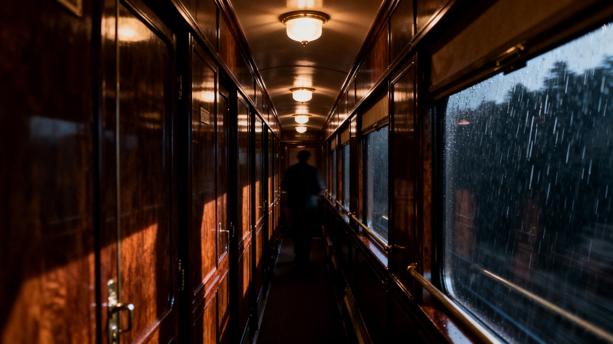 Interior of a vintage luxury train corridor with polished wood paneling and rain on the windows.