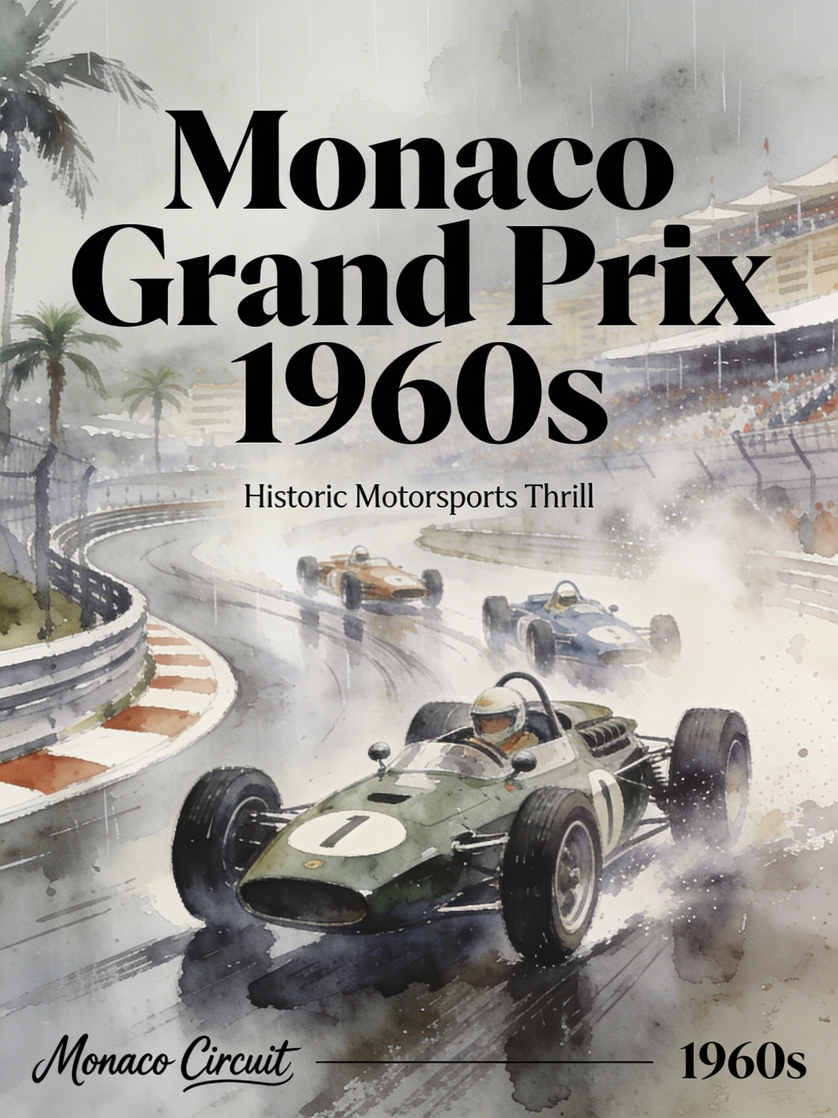 Illustration of 1960s open-wheel race cars speeding through a wet Monaco hairpin turn