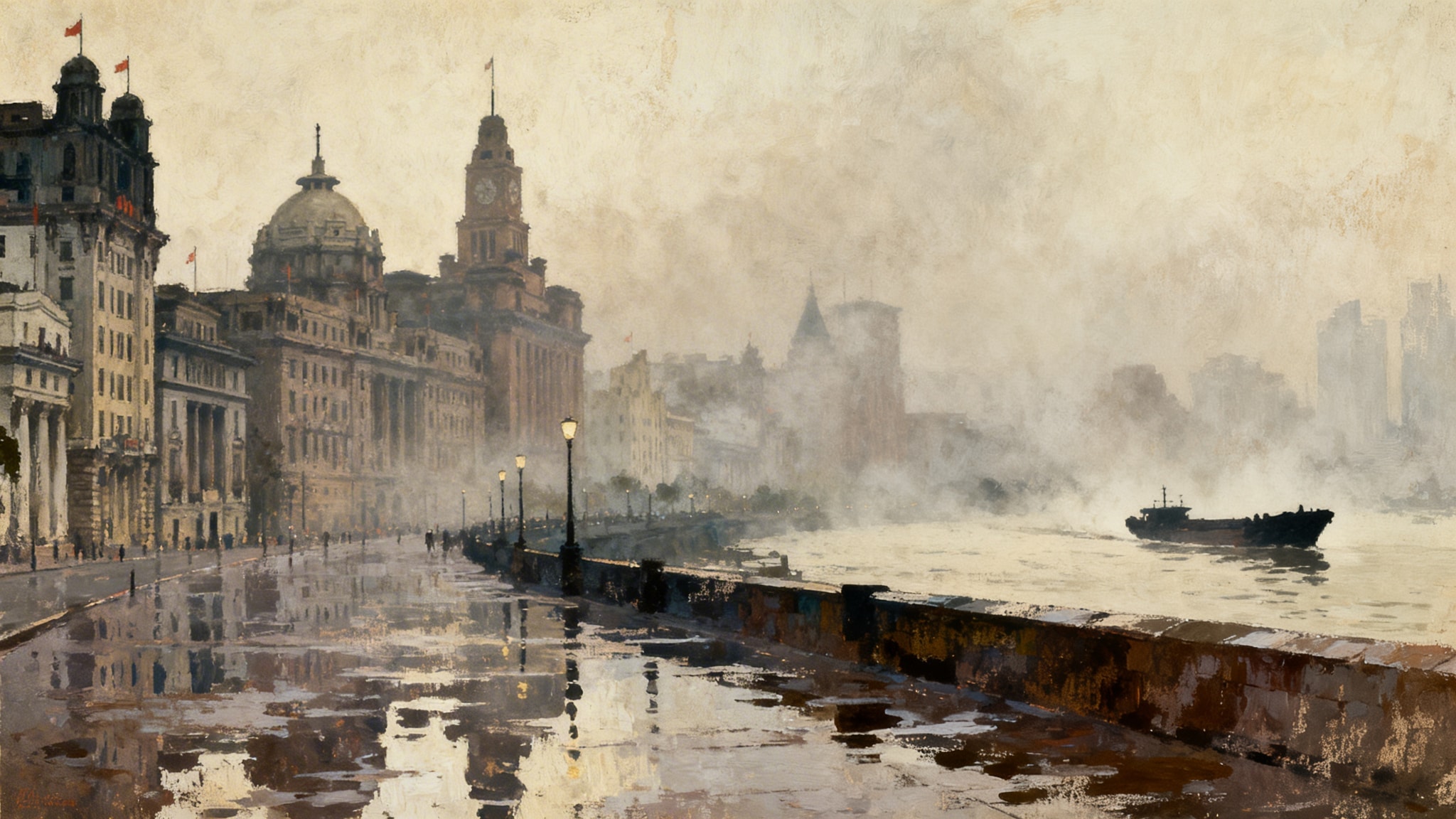Vintage style illustration of the Art Deco Shanghai Bund shrouded in thick Huangpu River fog